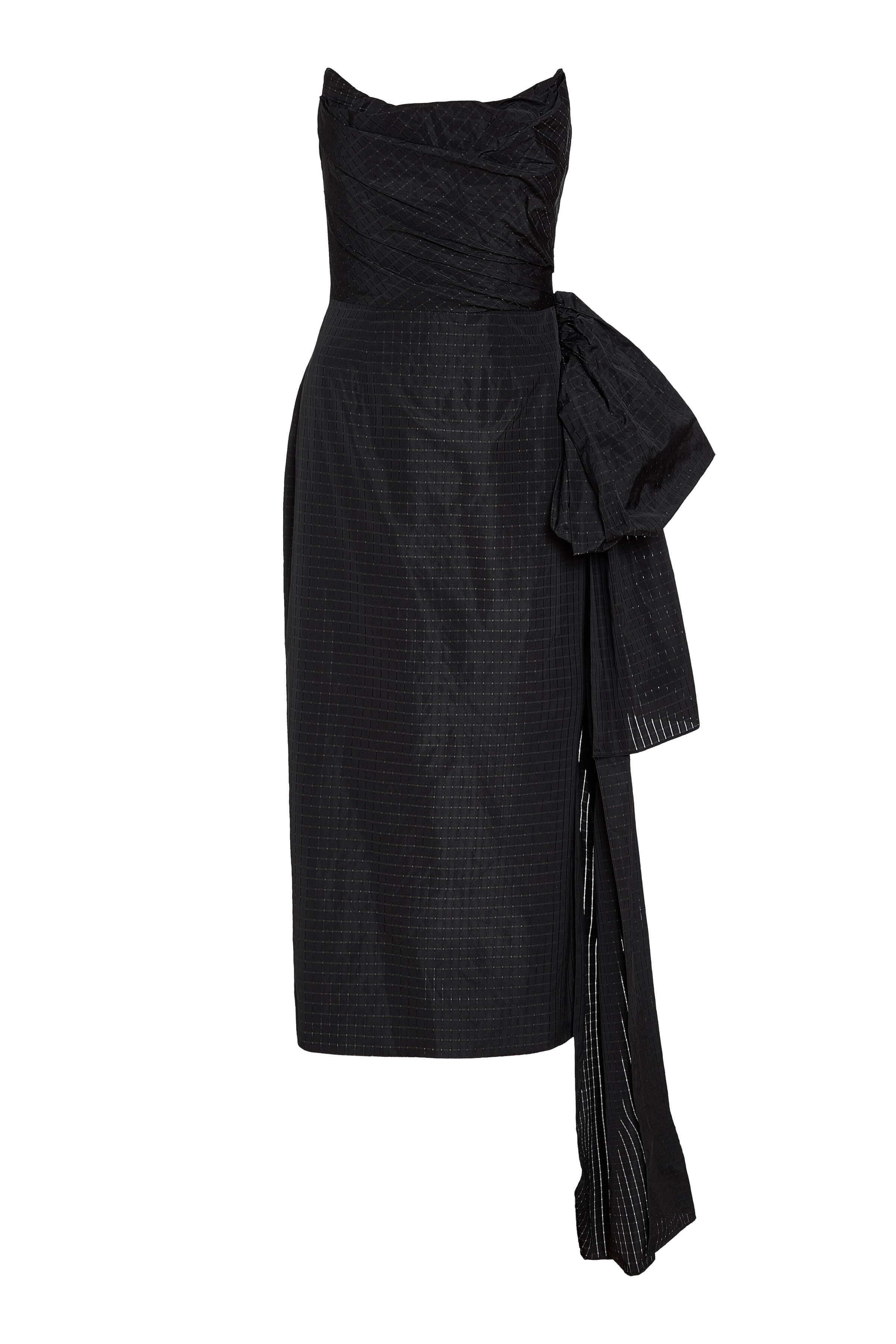 Aria Black Gingham Taffeta Strapless Midi Dress With Bow At Waist