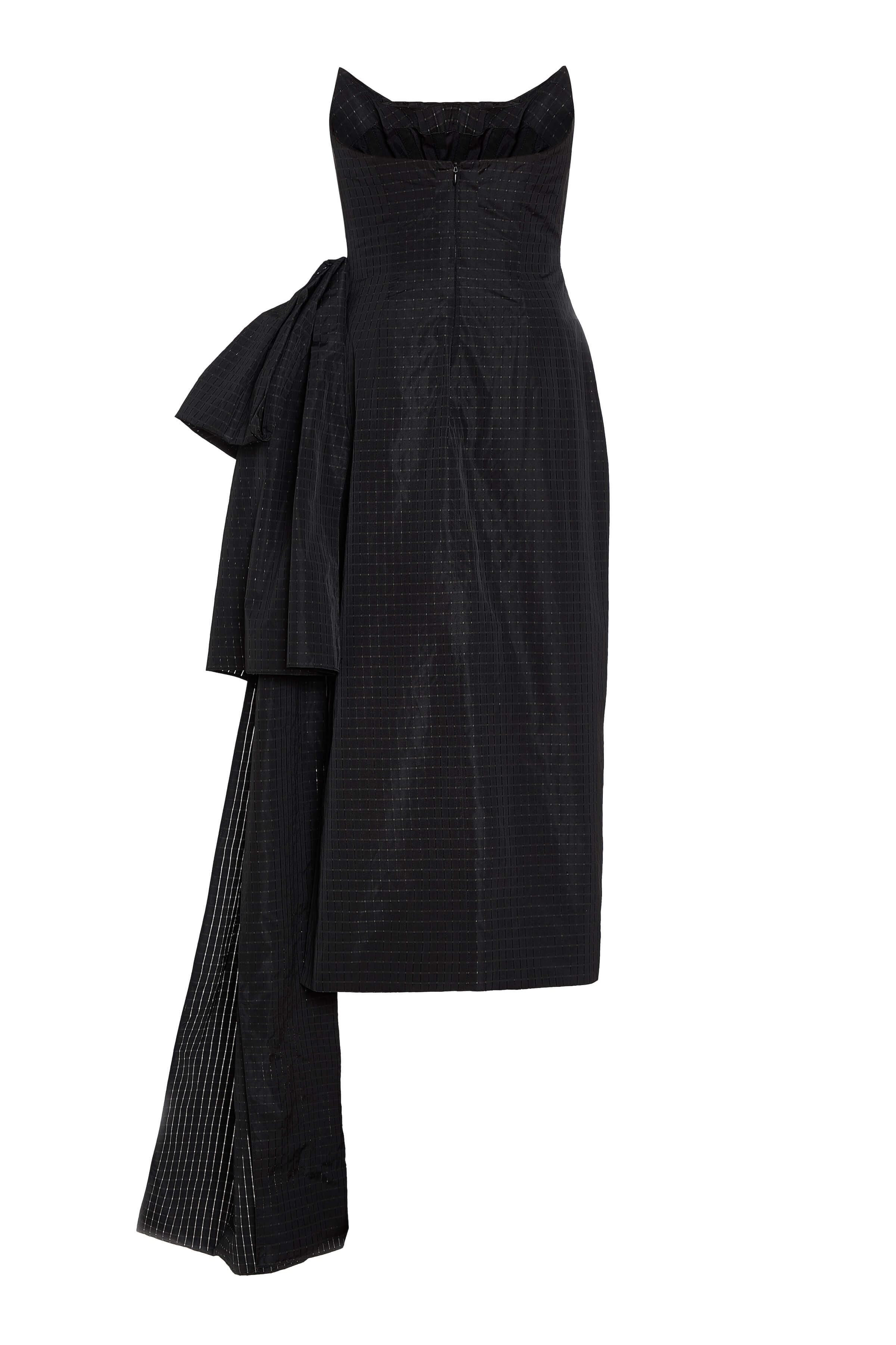 Aria Black Gingham Taffeta Strapless Midi Dress With Bow At Waist