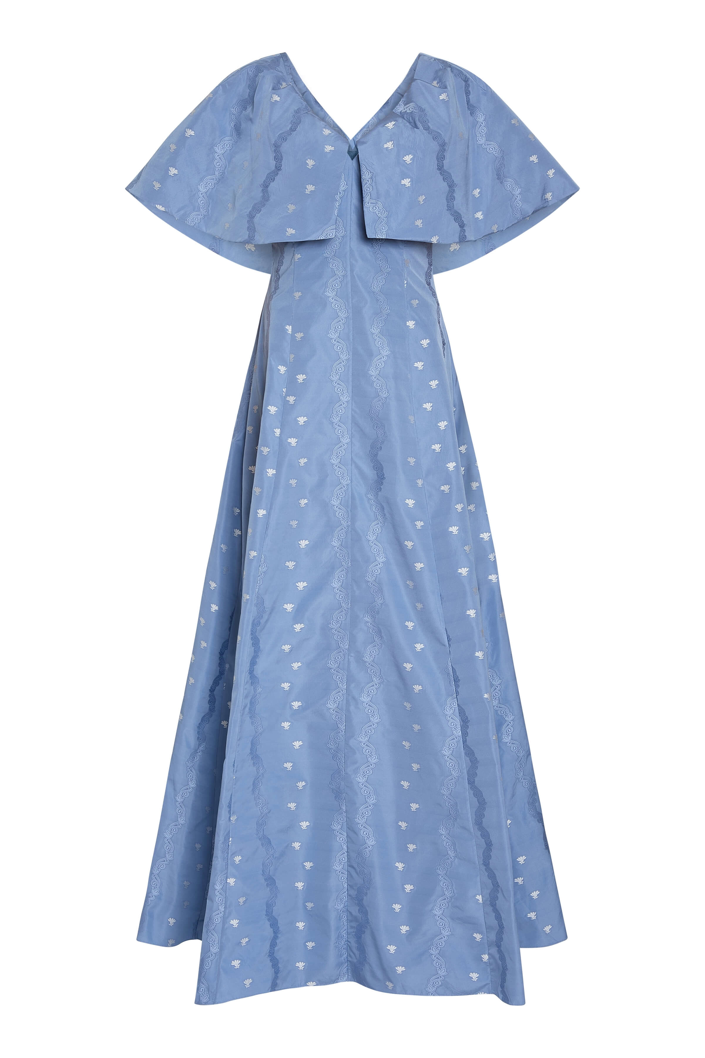Eloise Wedgewood Floral Striped Taffeta Capelet Gown