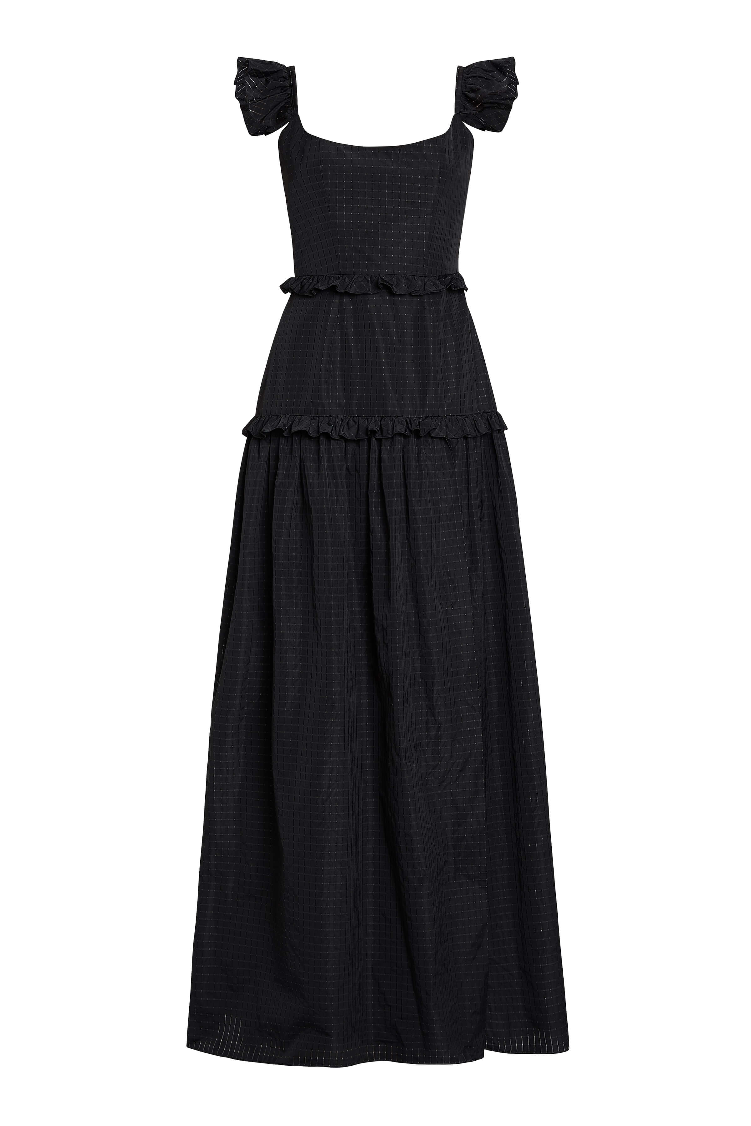 Alanna Black Gingham Taffeta Ruffle Tiered Gown