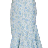 June Cornflower And Mint Brocade Asymmetric Flounce Midi Skirt