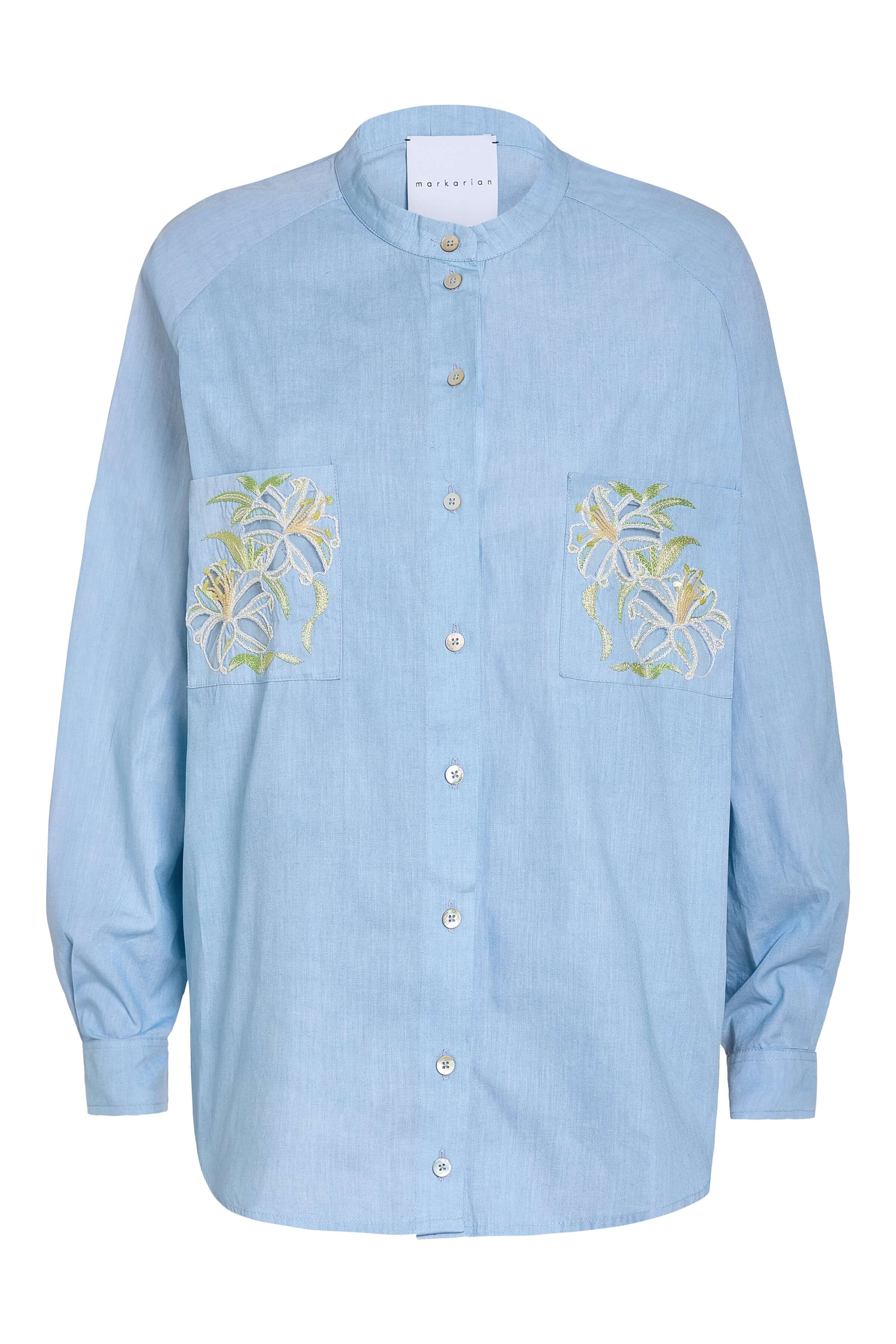 Margery Beaded Floral Pocket Blue Cotton Shirt
