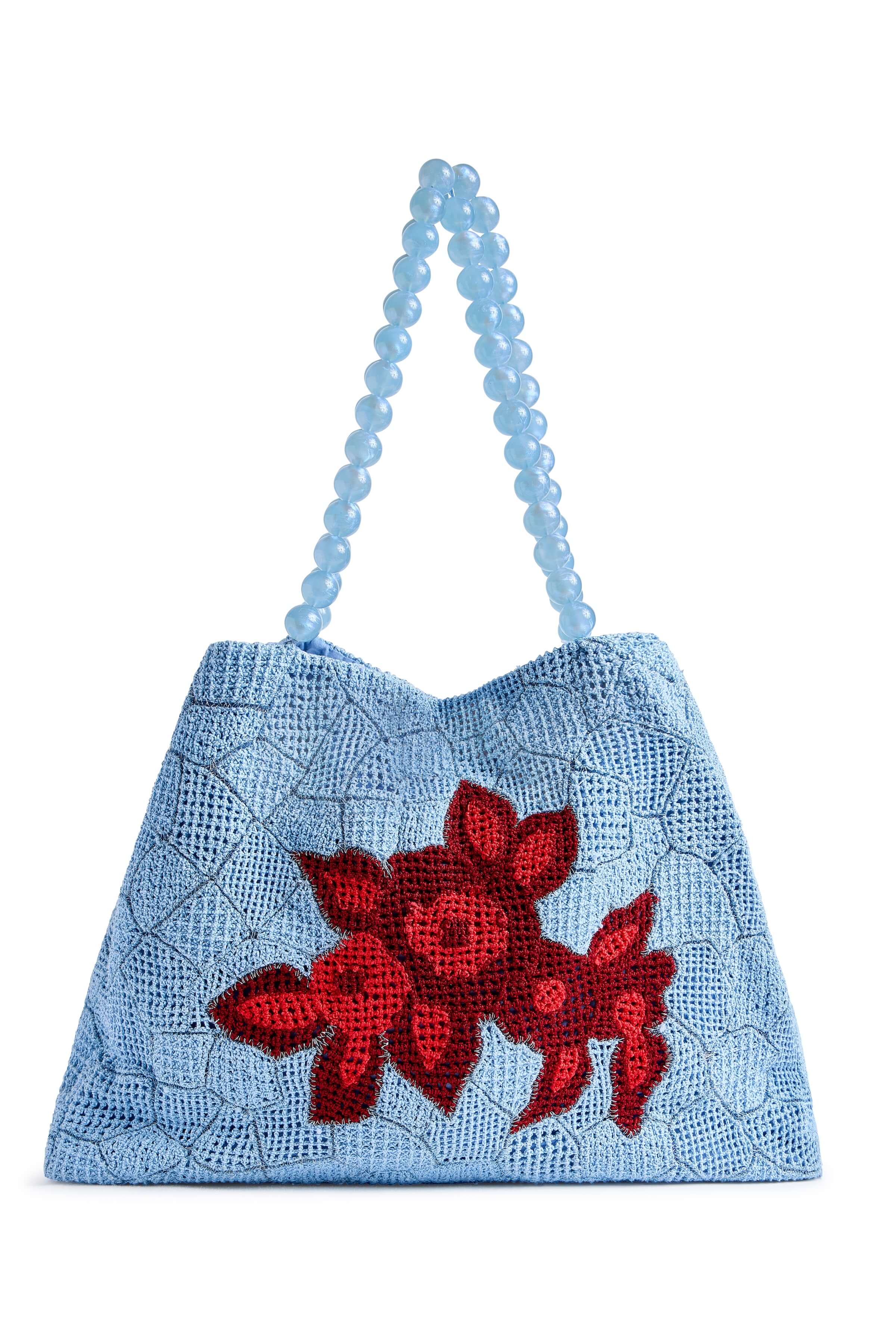 Tigerlily Cornflower Blue Hand Crochet Red Floral Trapezoid Bag