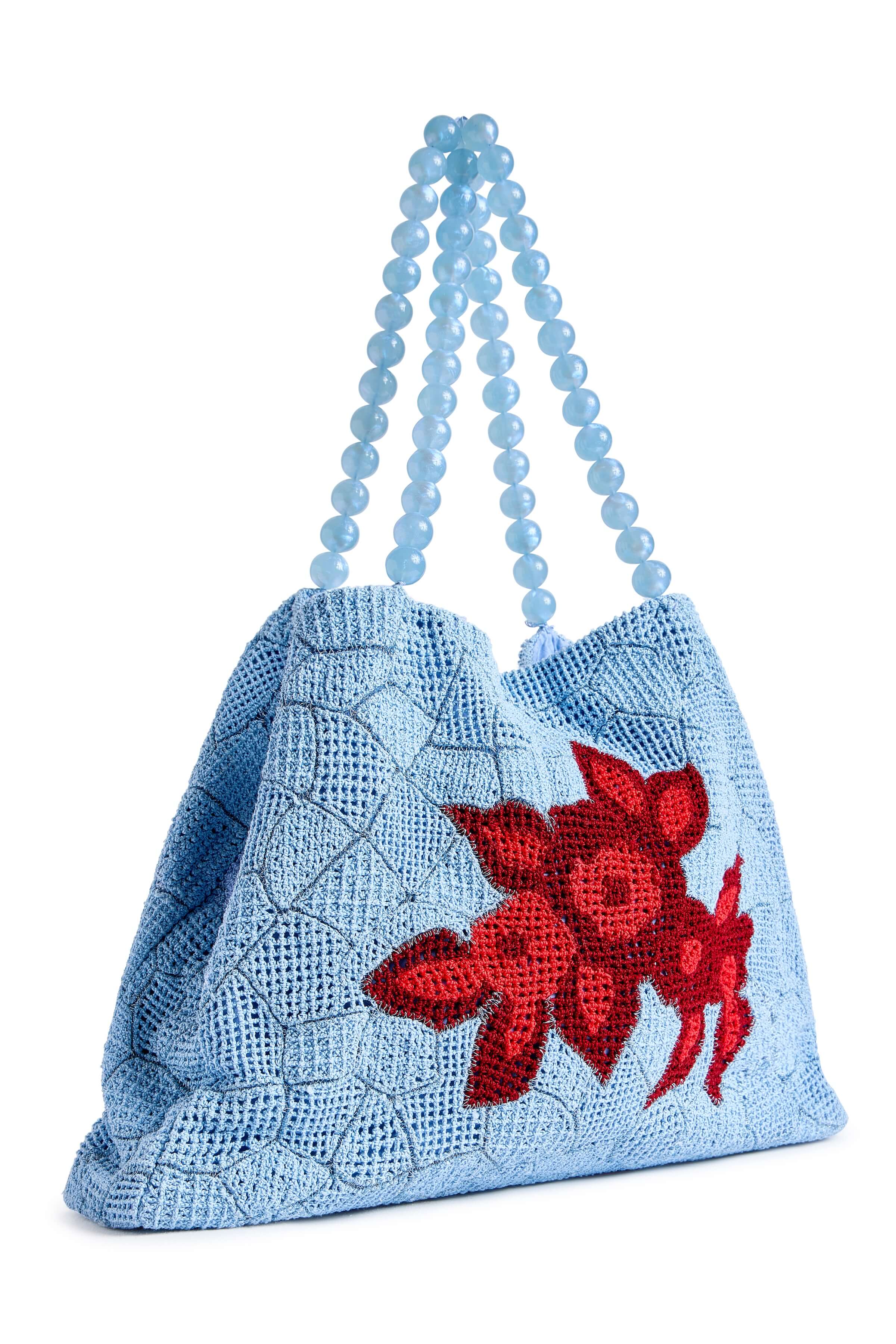 Tigerlily Cornflower Blue Hand Crochet Red Floral Trapezoid Bag