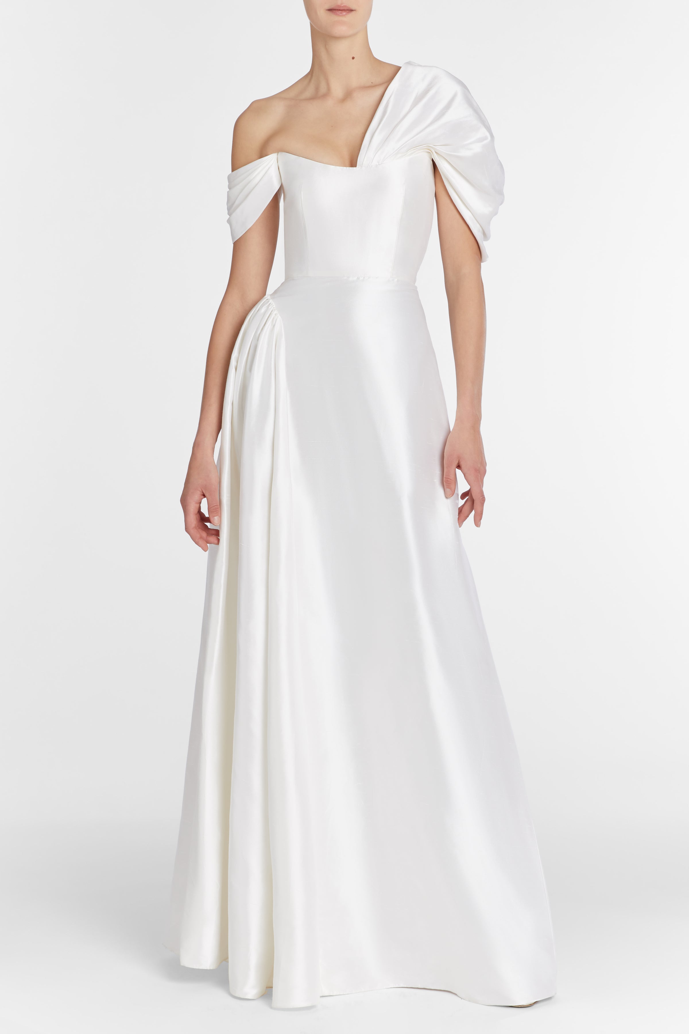 Edith White Silk Asymmetric Drape Shoulder Gown