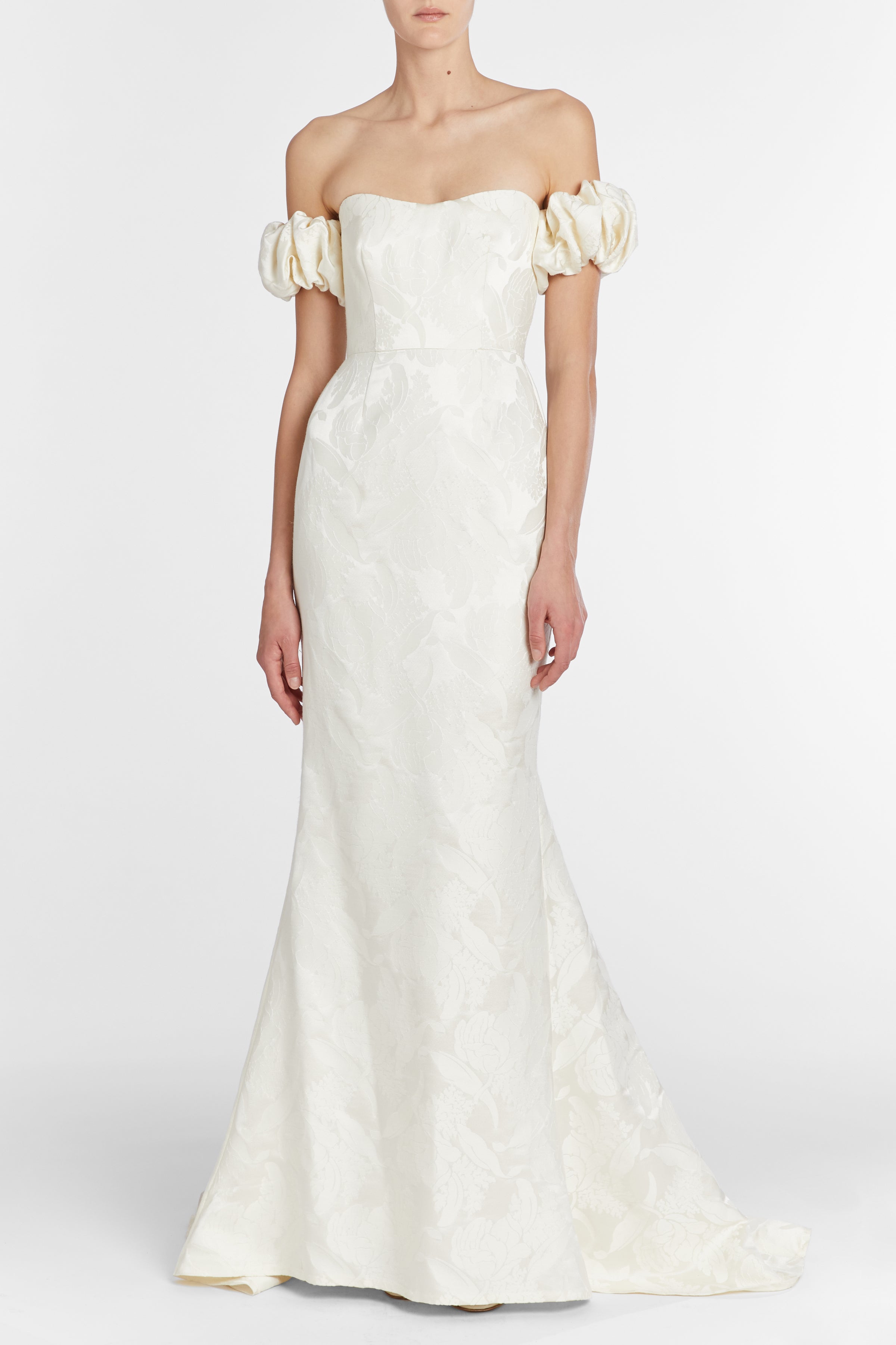 Luisa Off-The-Shoulder White Floral Jacquard Gown With Puff Sleeves