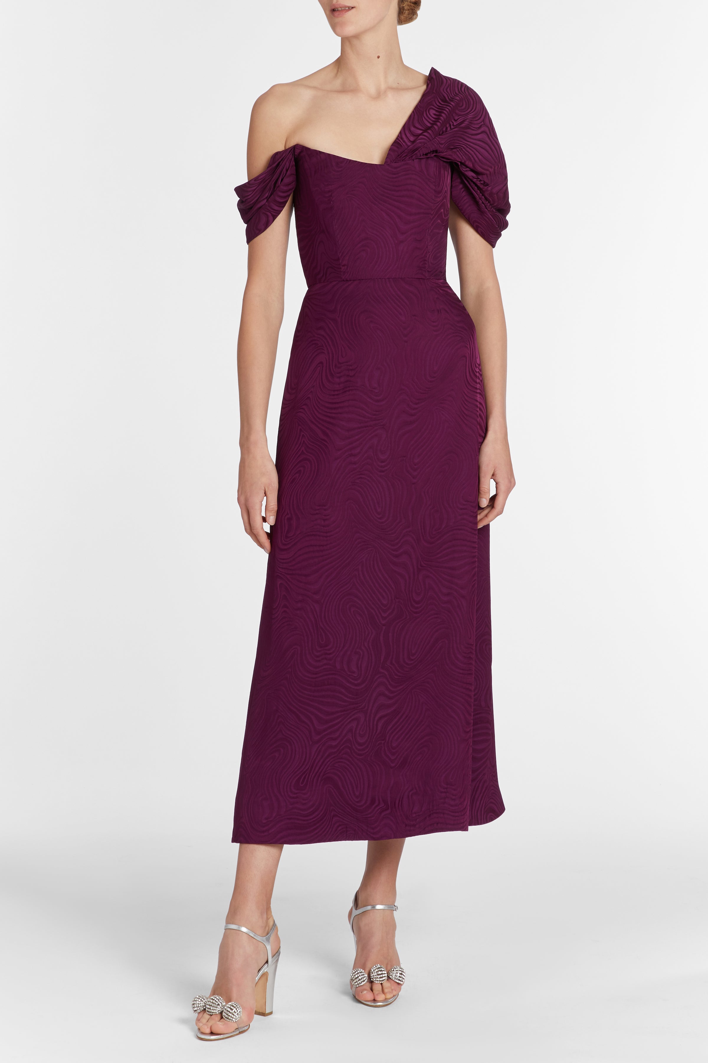 Column feather-trimmed metallic jacquard midi dress