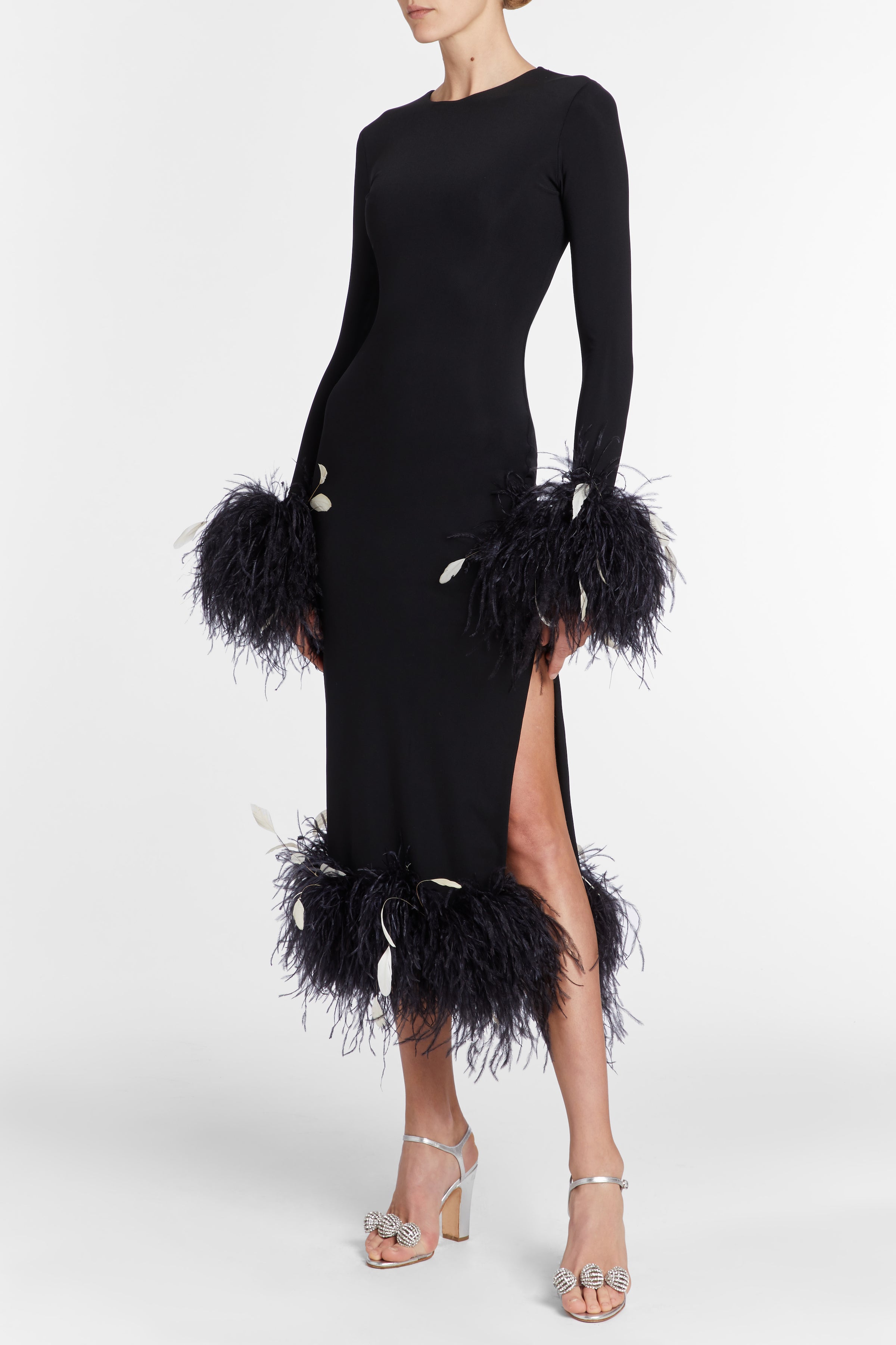 Aretha Black Long Sleeve Midi Dress with Feather Trim