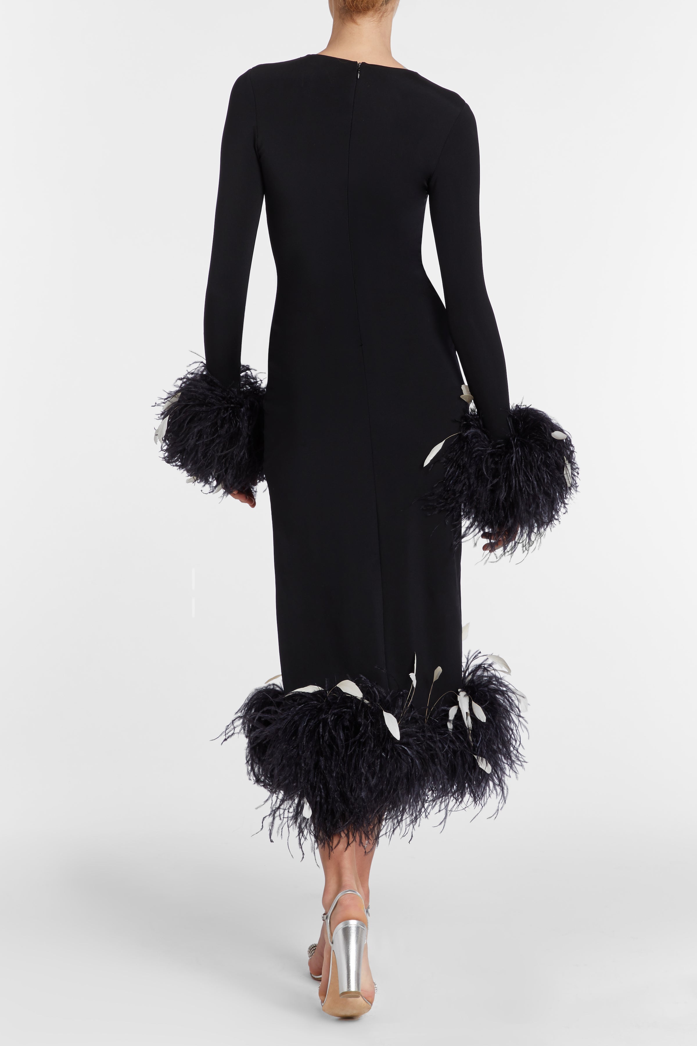 Markarian Aretha Black Long Sleeve Midi Dress with Feather Trim 8