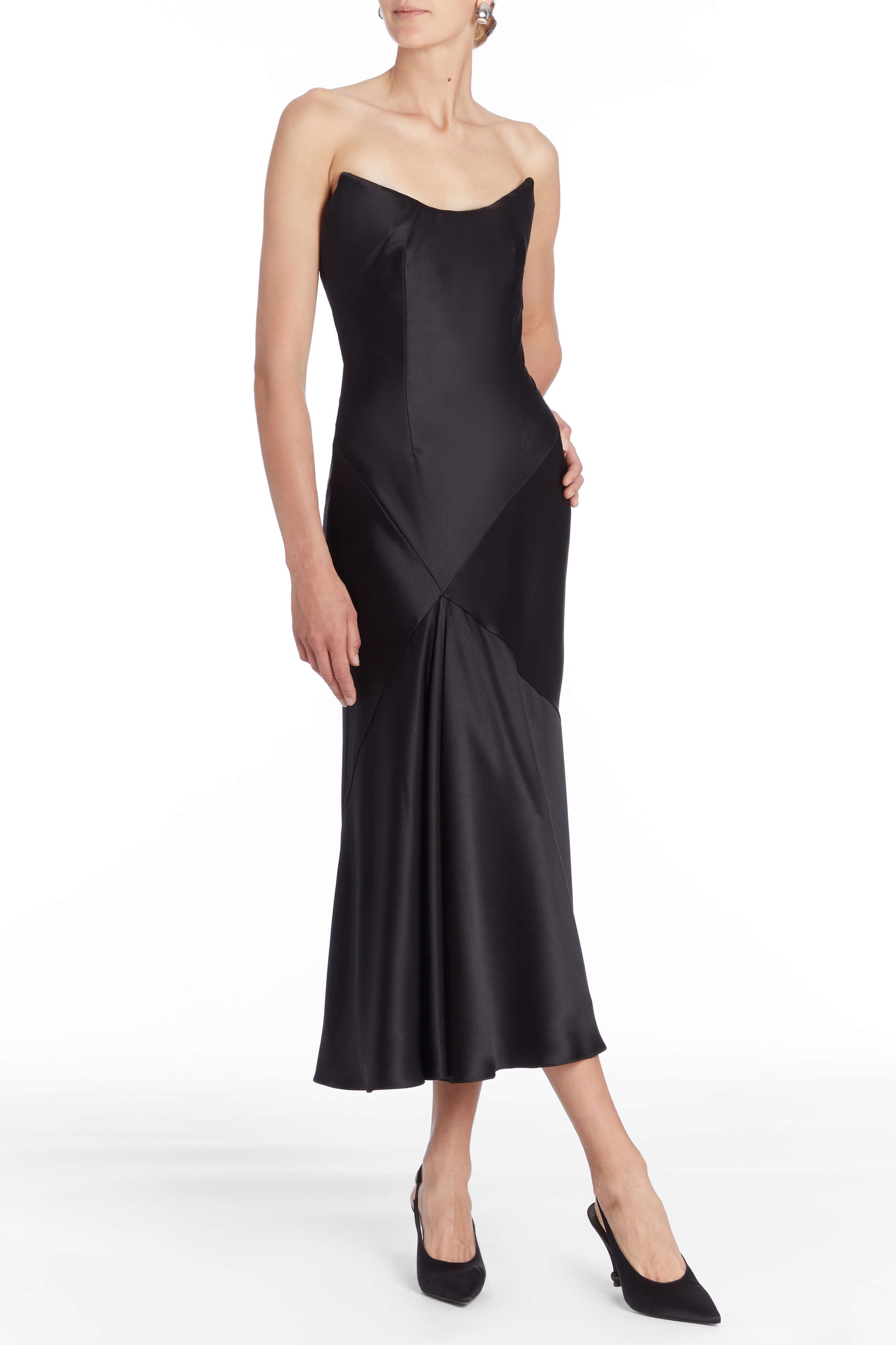 Loretta Black Satin Strapless Draped Front Midi Dress
