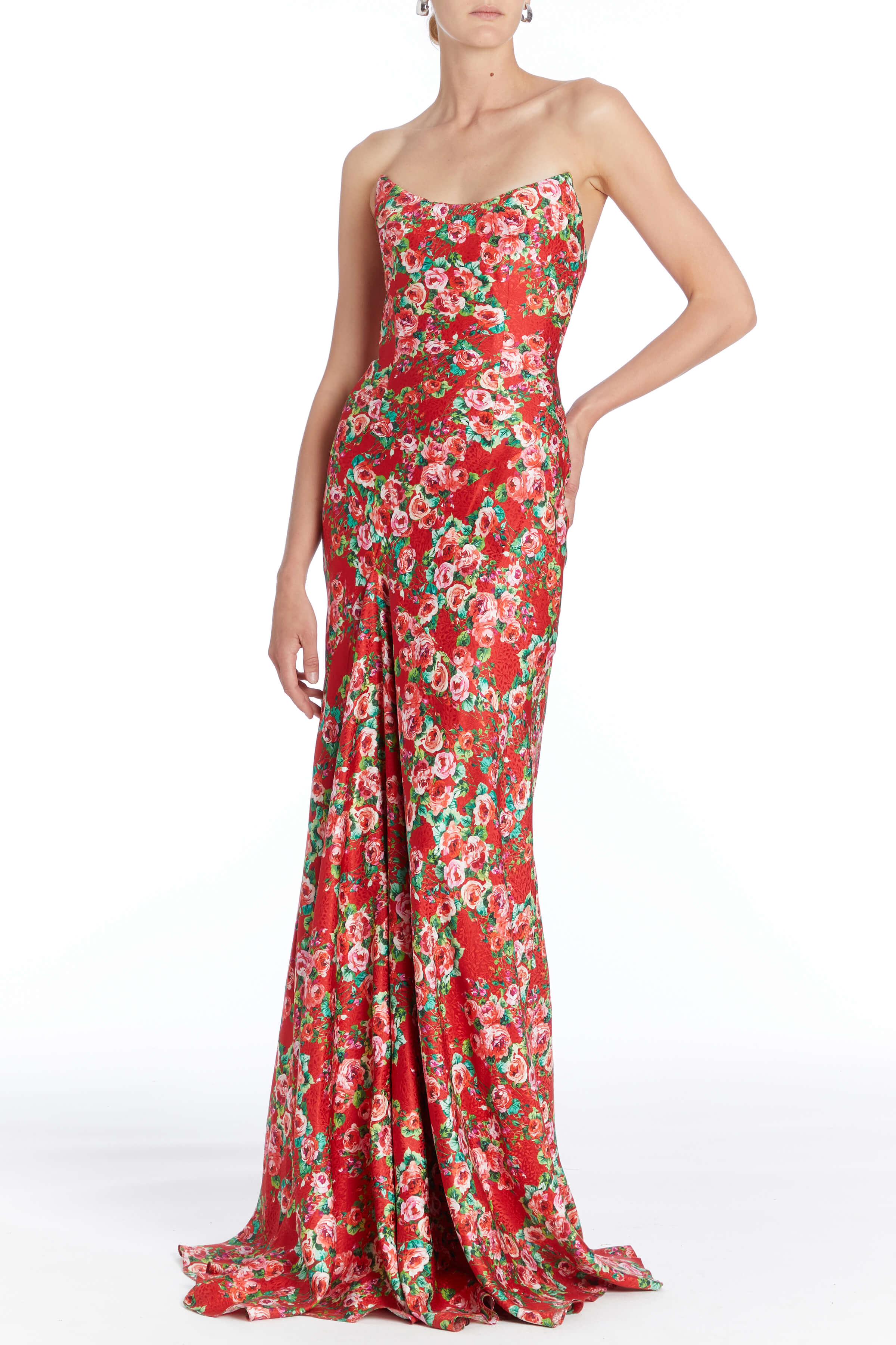 Tallulah Red Rose Floral Strapless Gown With Asymmetric Draped Skirt