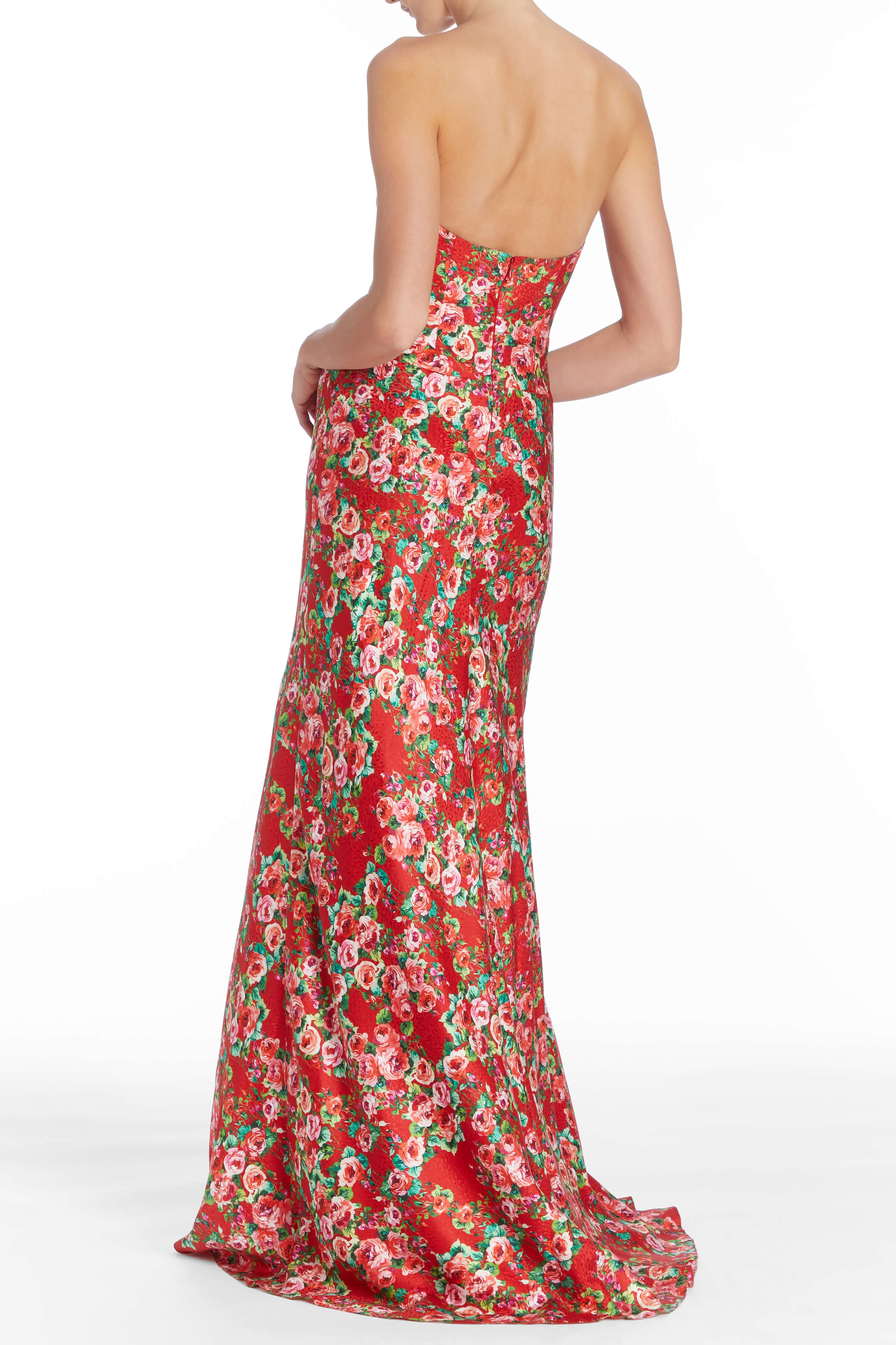 Tallulah Red Rose Floral Strapless Gown With Asymmetric Draped Skirt