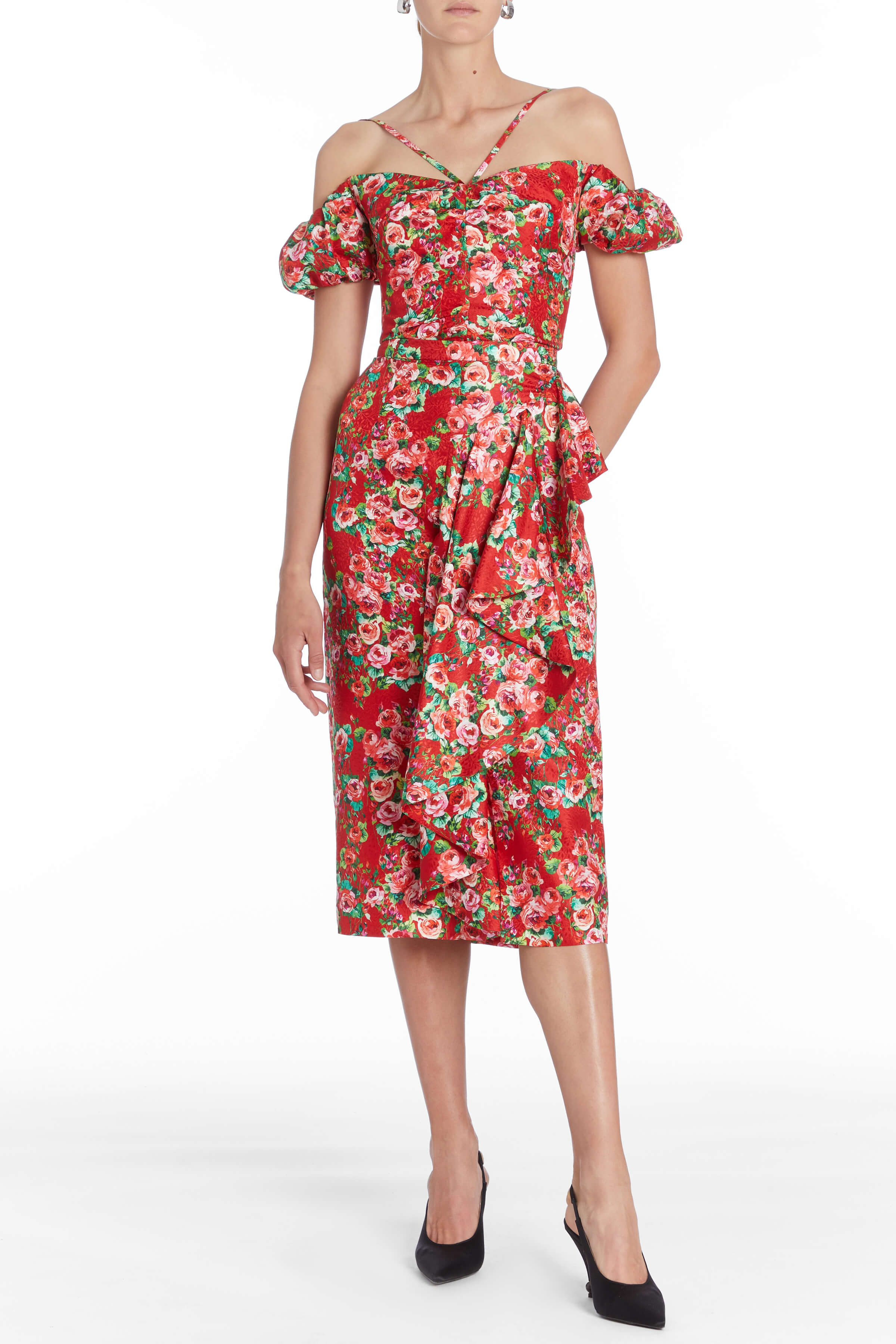 Shirley Red Rose Floral Ruffle Midi Skirt