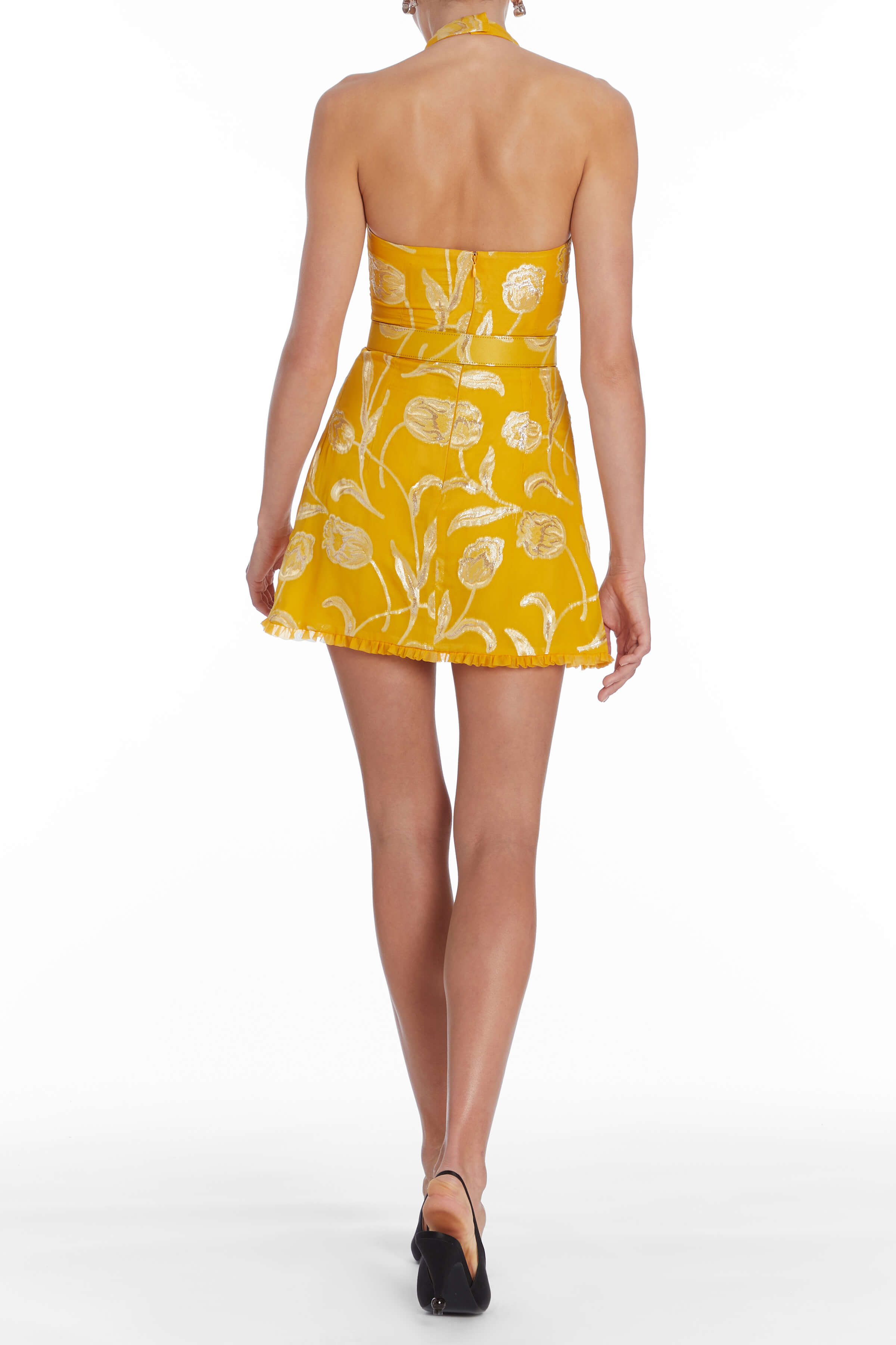 Agave Yellow Floral Halter Mini Dress With Belt