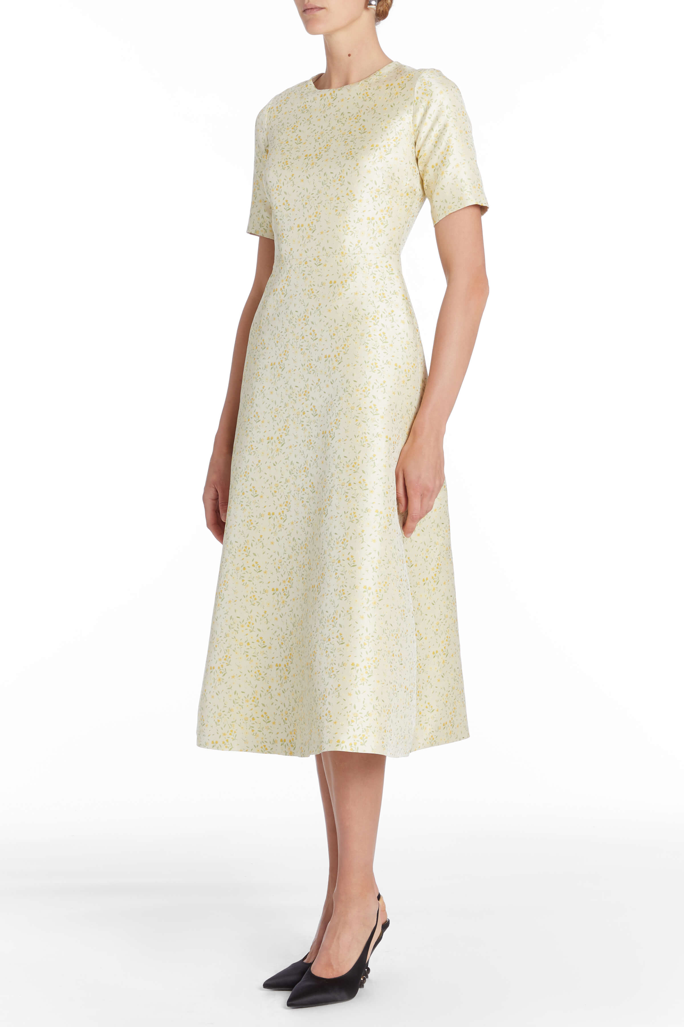 Feather-trimmed floral-jacquard midi dress