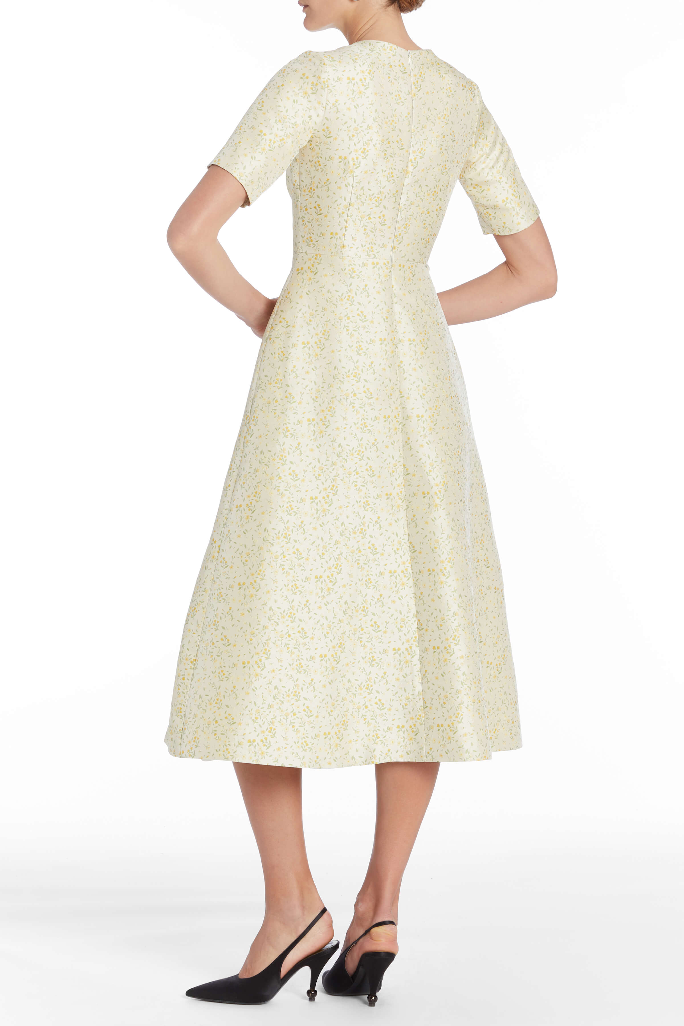 Mae Yellow Daisy Brocade Short Sleeve Midi Dress