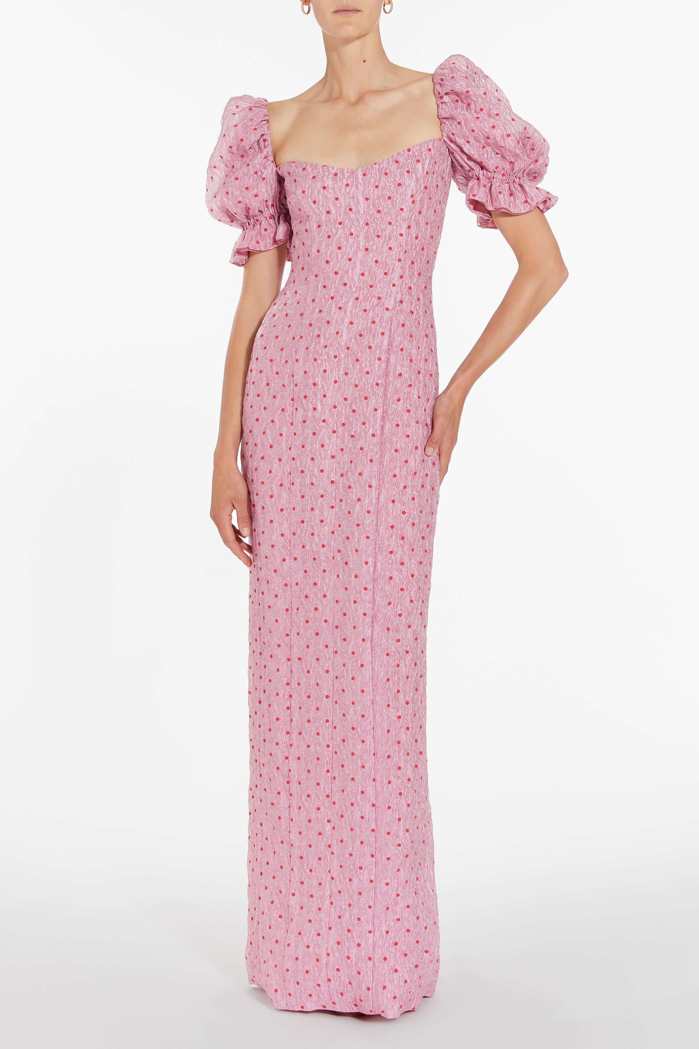 Raffaella Pink and Red Dot Puff Sleeve Column Gown