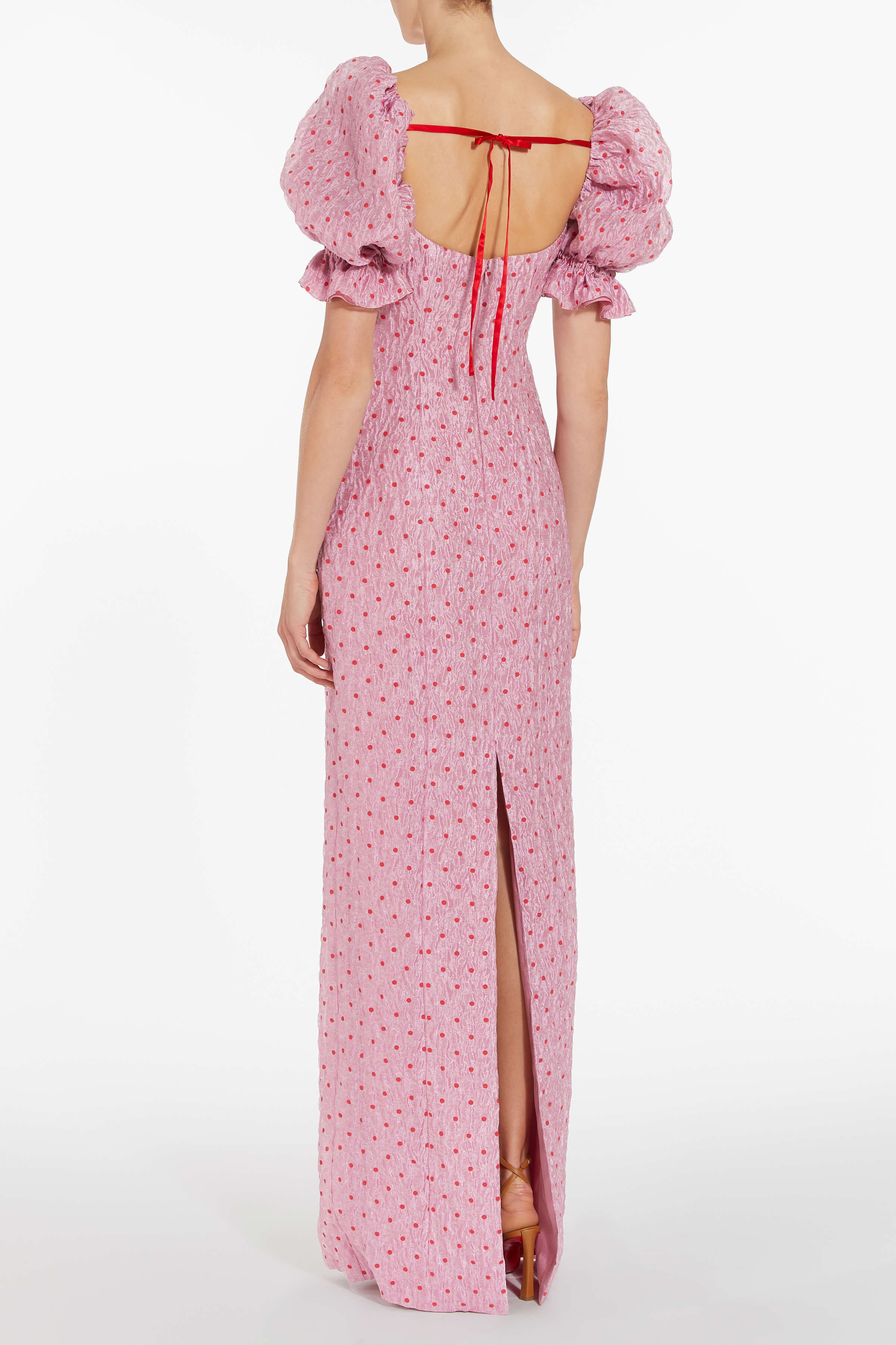 Raffaella Pink and Red Dot Puff Sleeve Column Gown