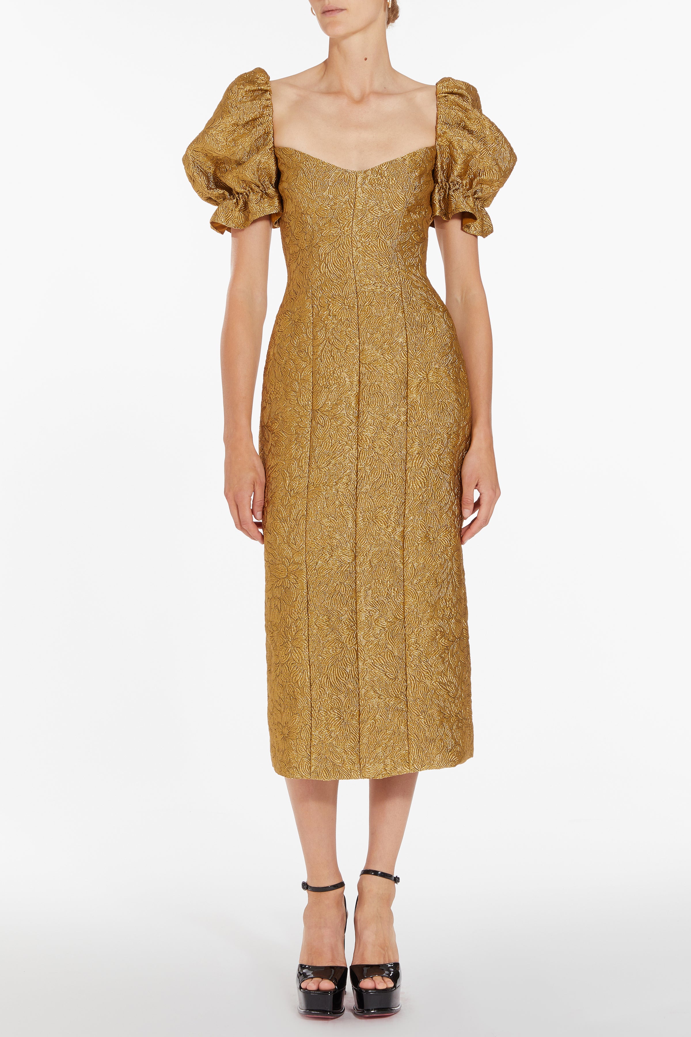 Farrah Gold Brocade Midi Dress