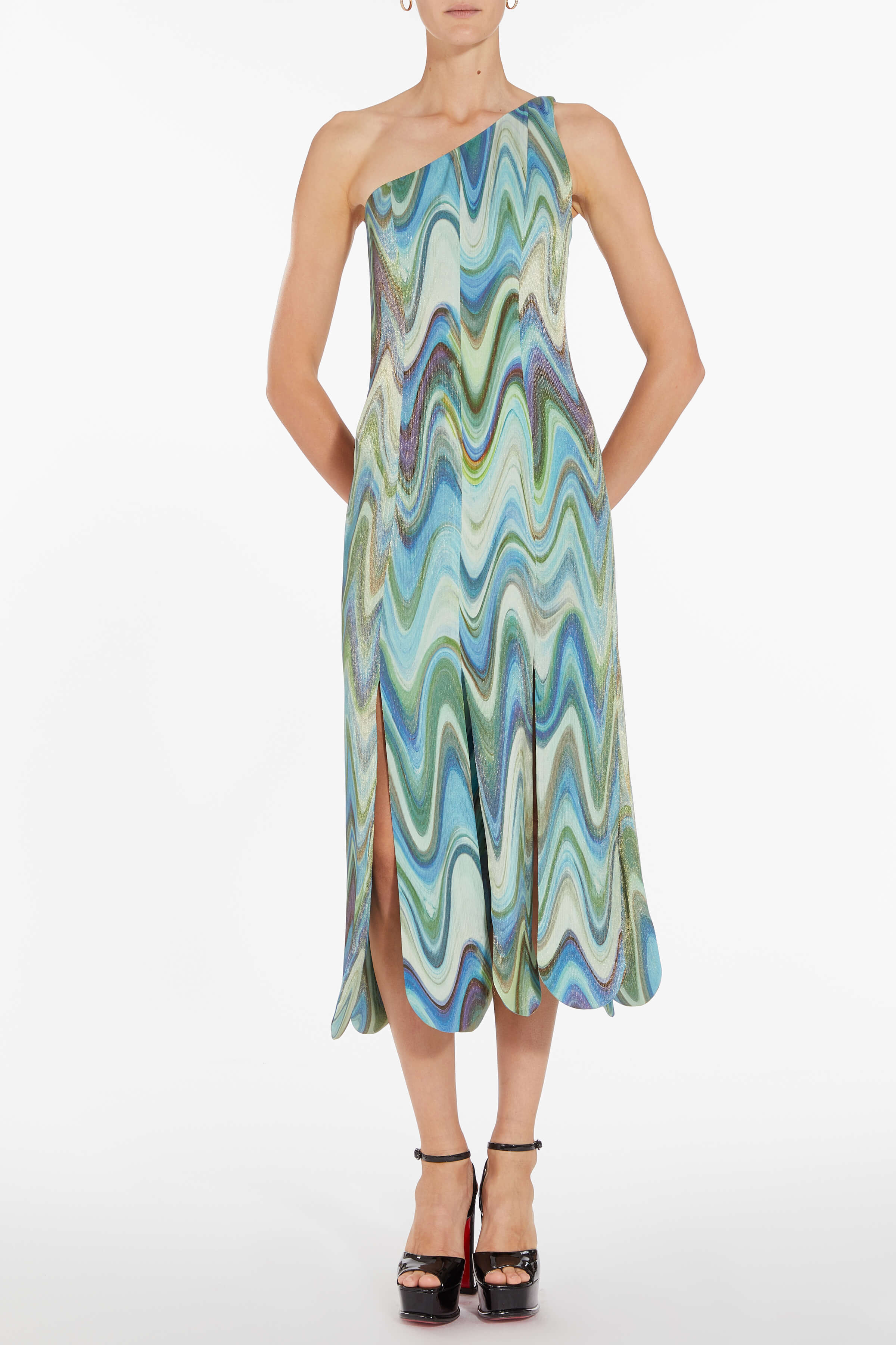 Angie Teal Metallic Wave Midi Dress