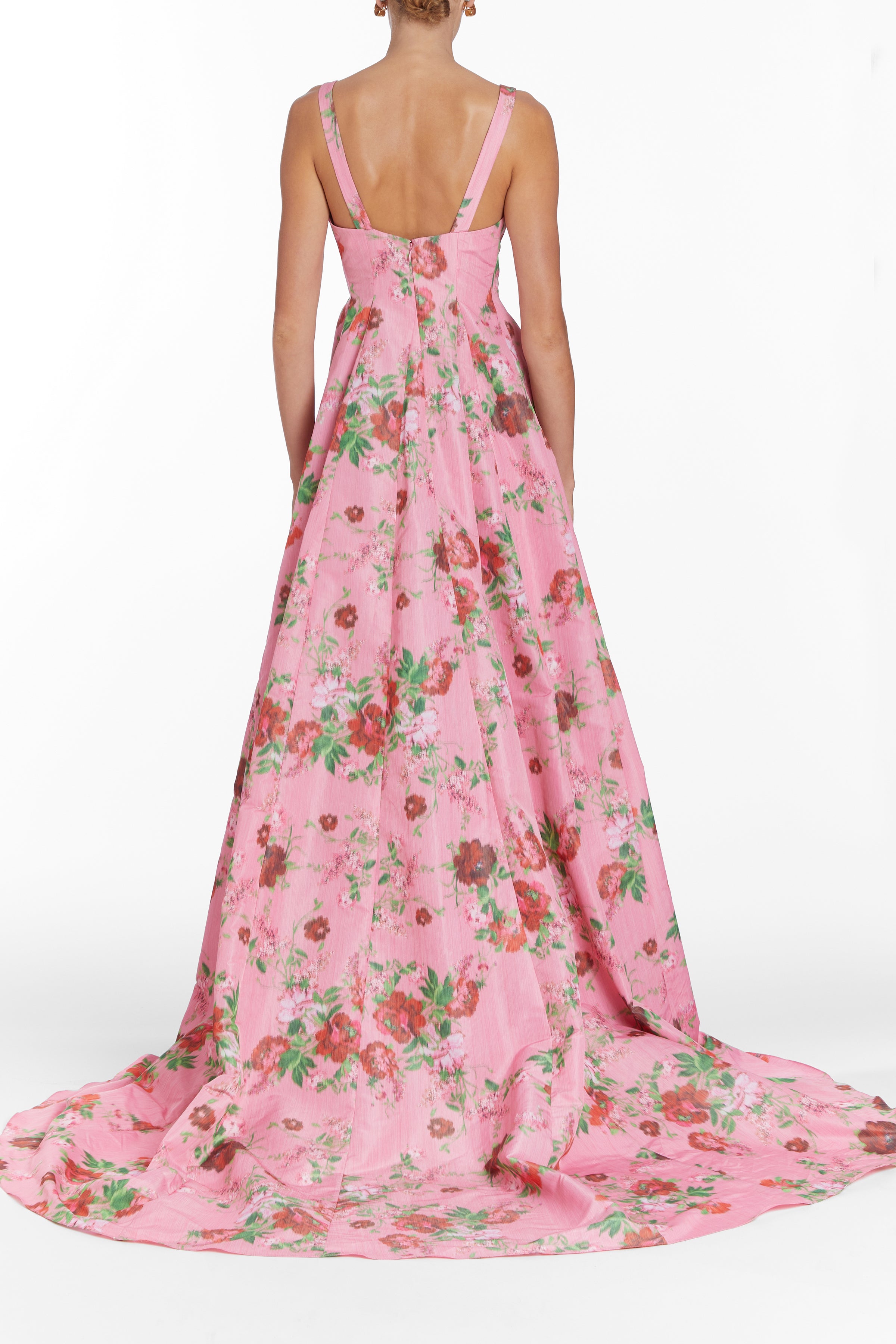 Botticelli Pink Floral Ikat Paneled Gown