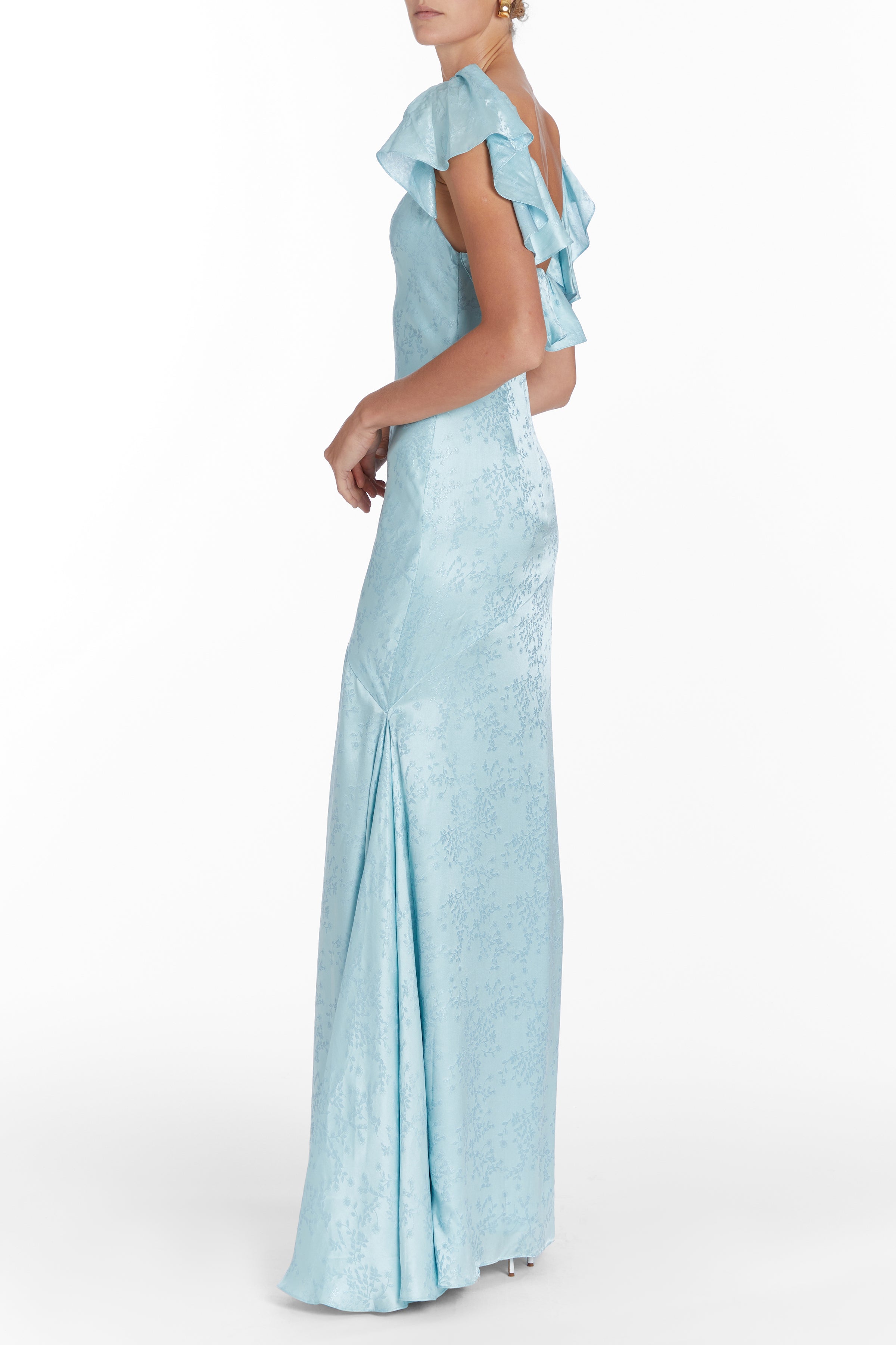 Katharina Light Blue Shimmer Floral Jacquard Ruffled Bodice Gown