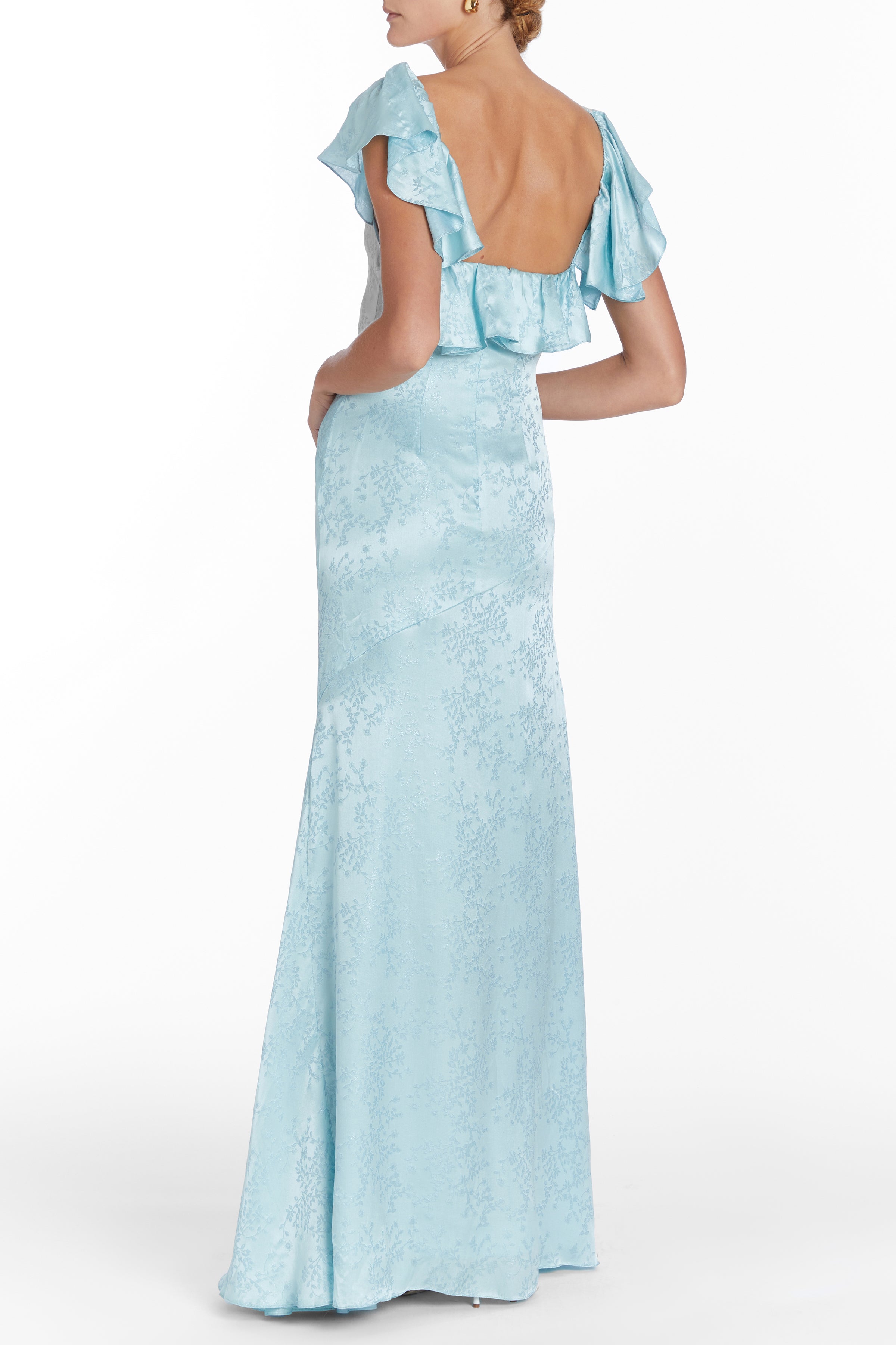 Katharina Light Blue Shimmer Floral Jacquard Ruffled Bodice Gown