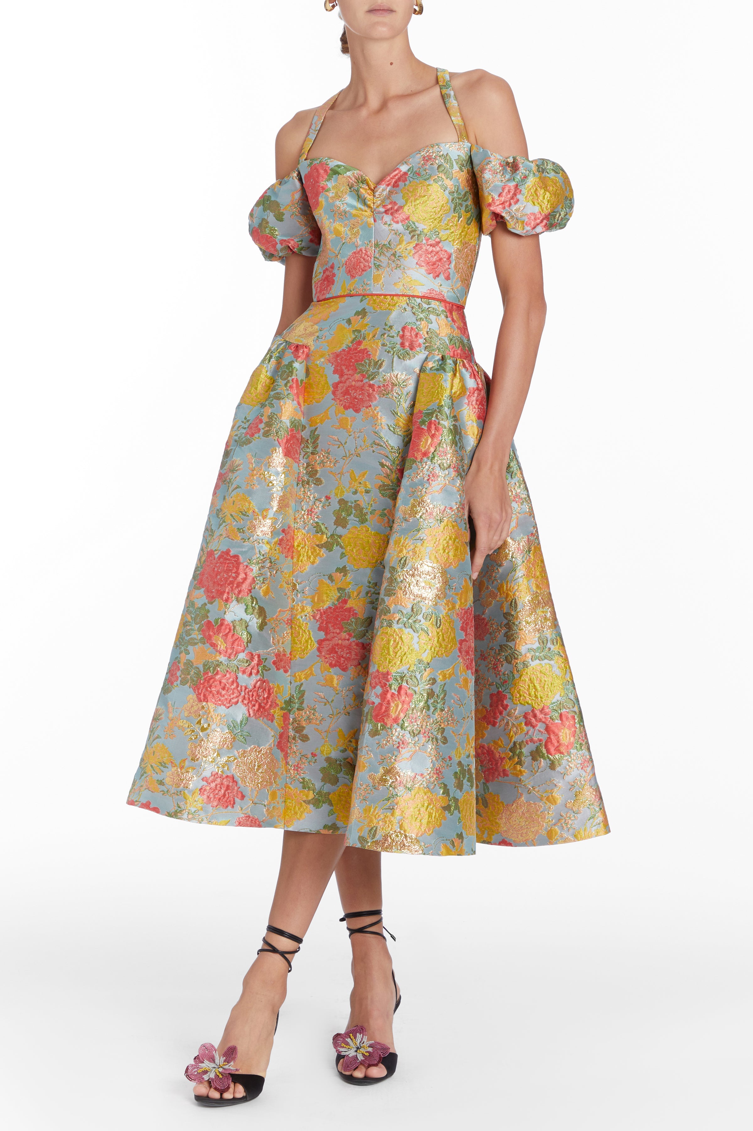Jackie Floral Jacquard Drop Waist Midi Dress