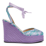 Teal And Purple Daisy Brocade Closed Toe Wedge