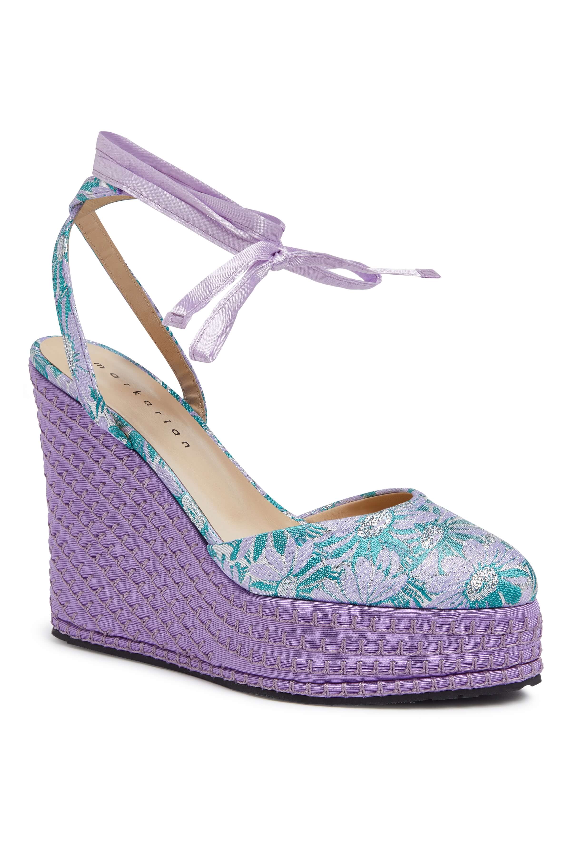 Teal And Purple Daisy Brocade Closed Toe Wedge