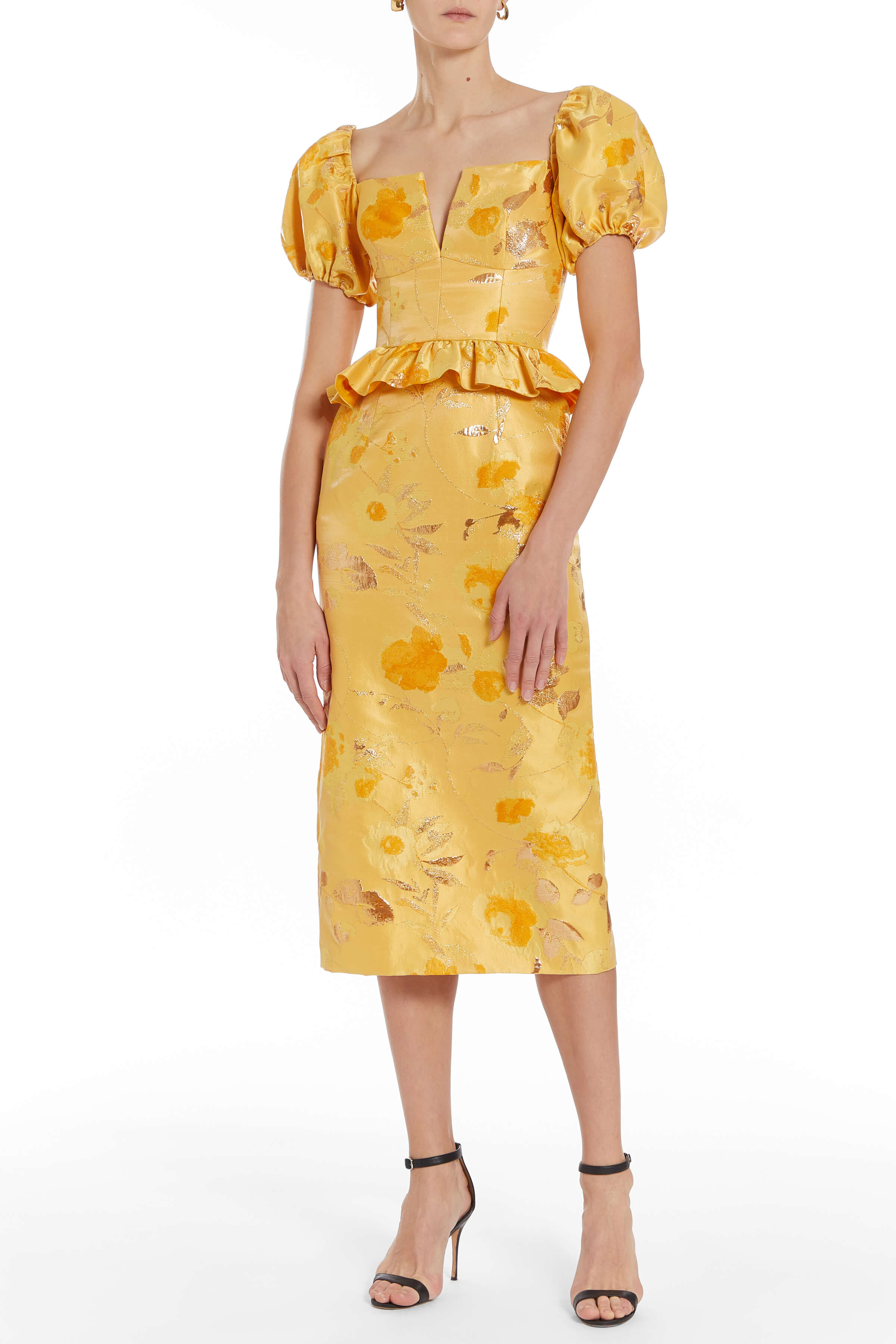 Yara Gold Floral Brocade Puff Sleeve Peplum Midi Dress