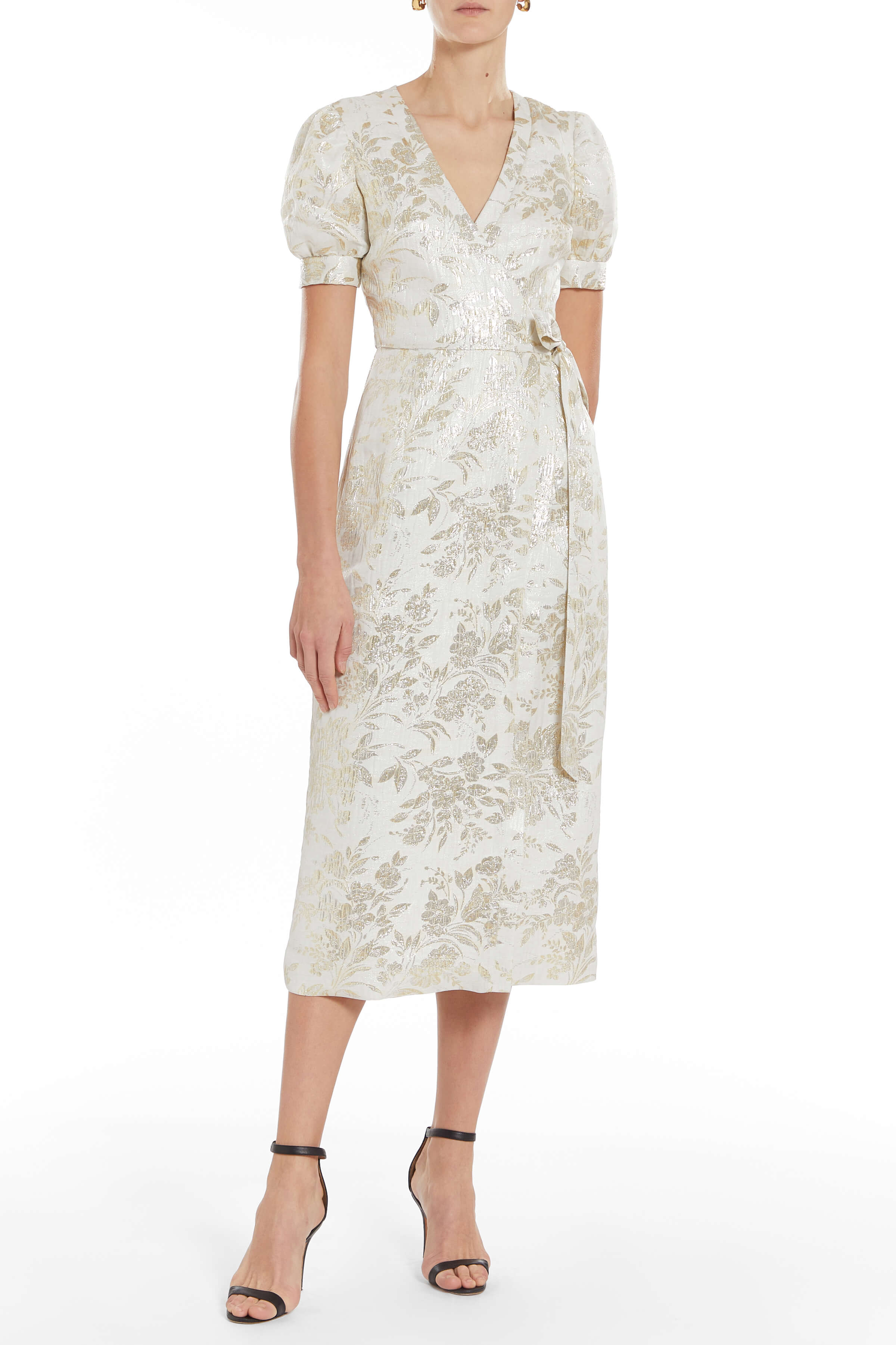 Marni Off White Metallic Floral Jacquard Short Sleeve Midi Wrap Dress