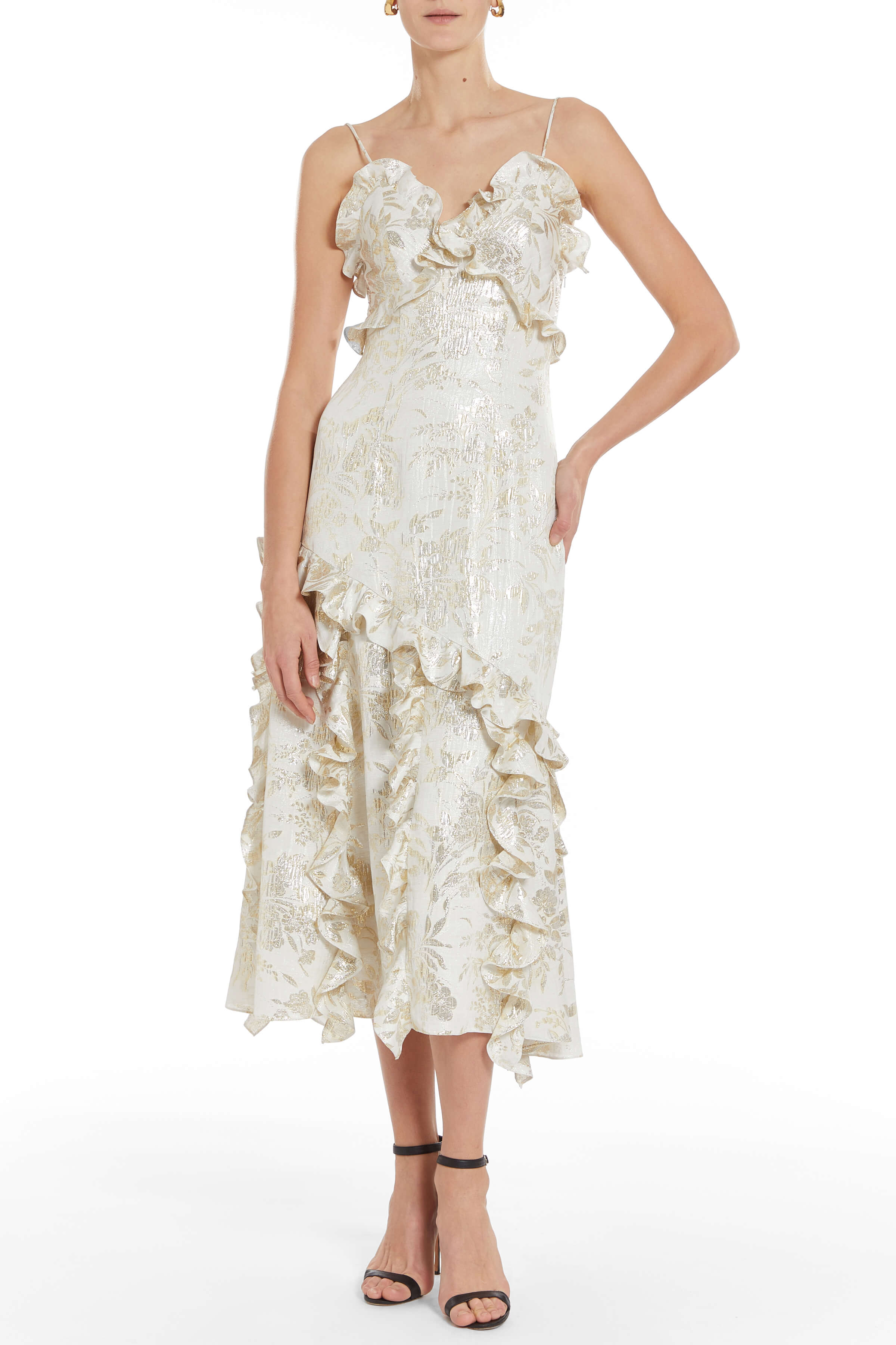 Calandra Off White Metallic Floral Jacquard Ruffled Midi Dress