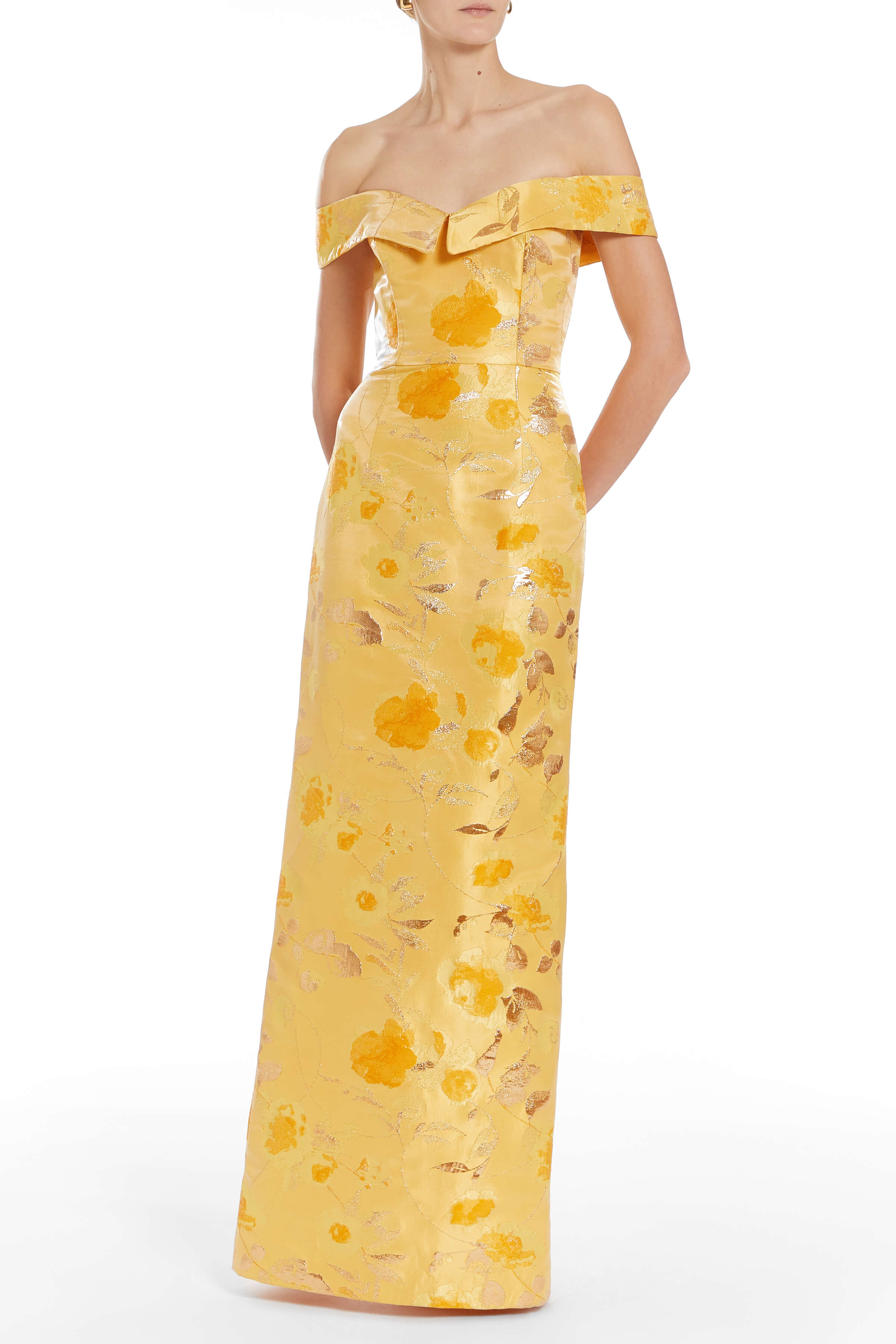 Sarika Gold Floral Brocade Off-The-Shoulder Column Gown