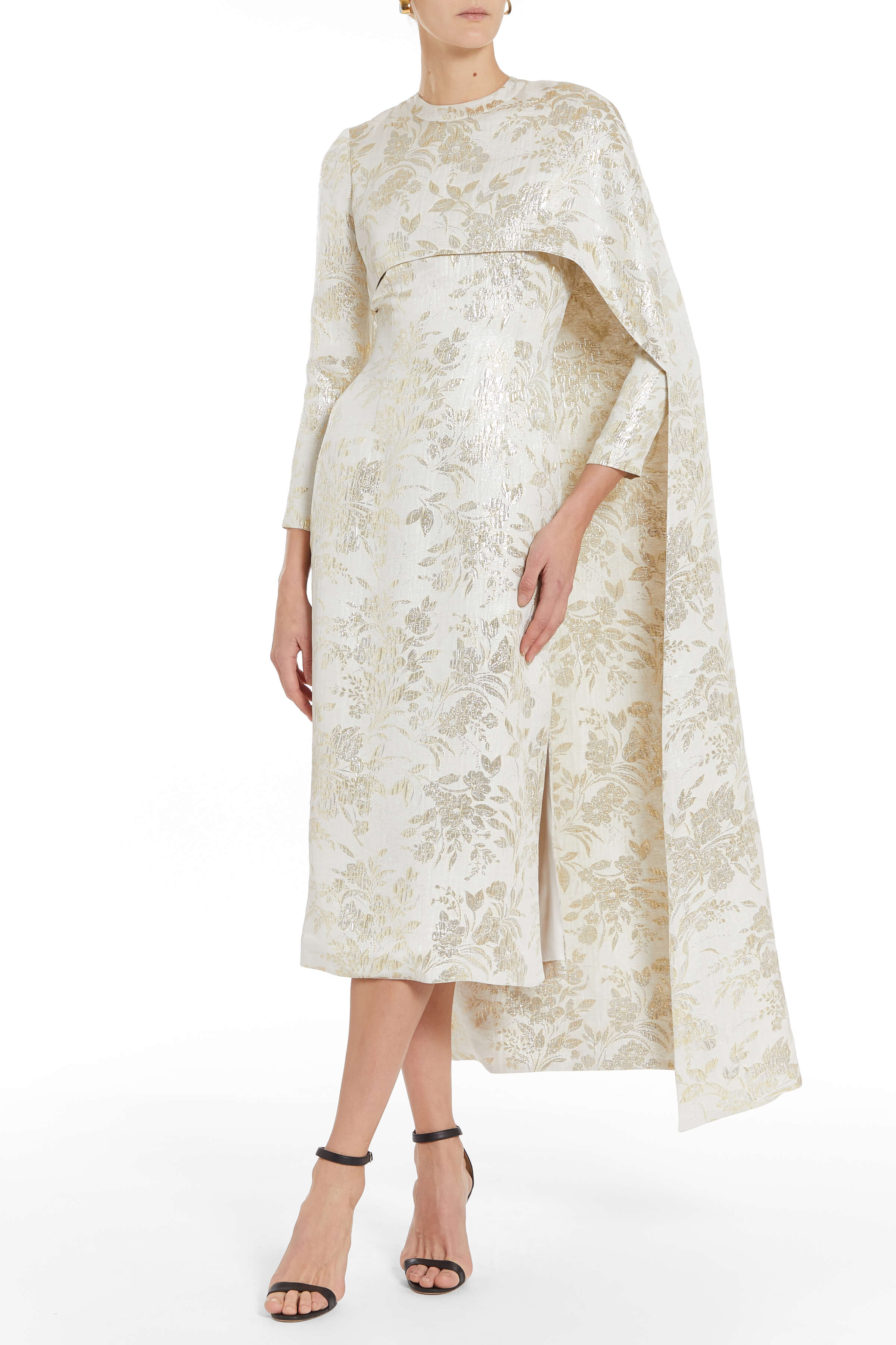 Felice Off White Metallic Floral Jacquard Asymmetric Long Sleeve Cape Midi Dress