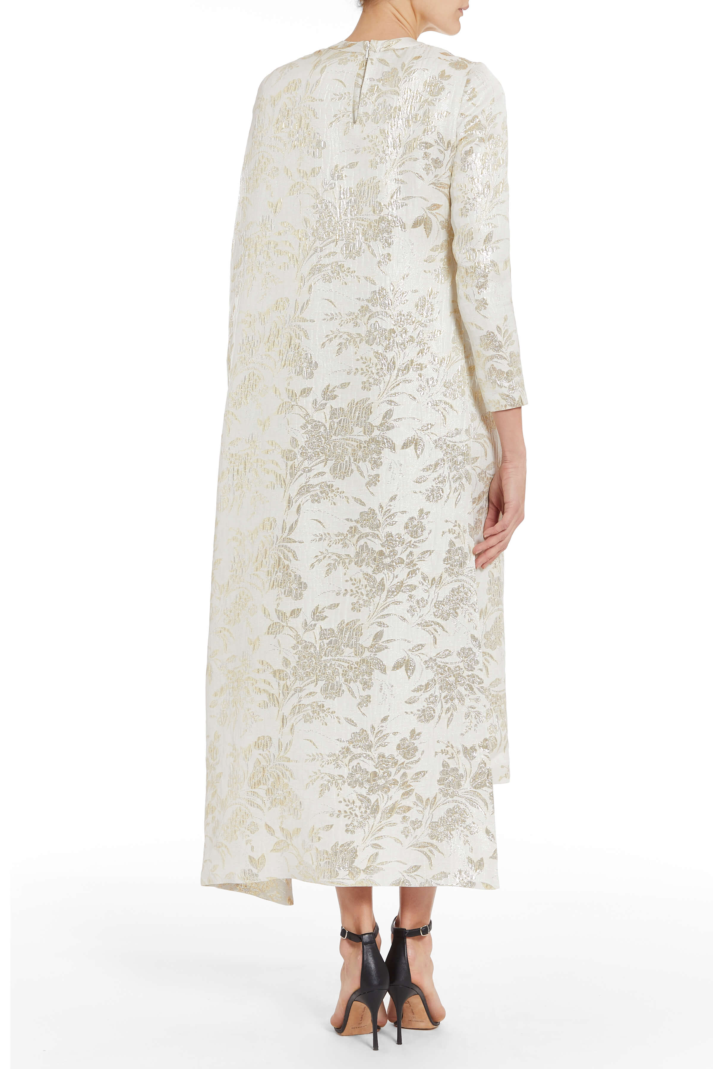 Felice Off White Metallic Floral Jacquard Asymmetric Long Sleeve Cape Midi Dress