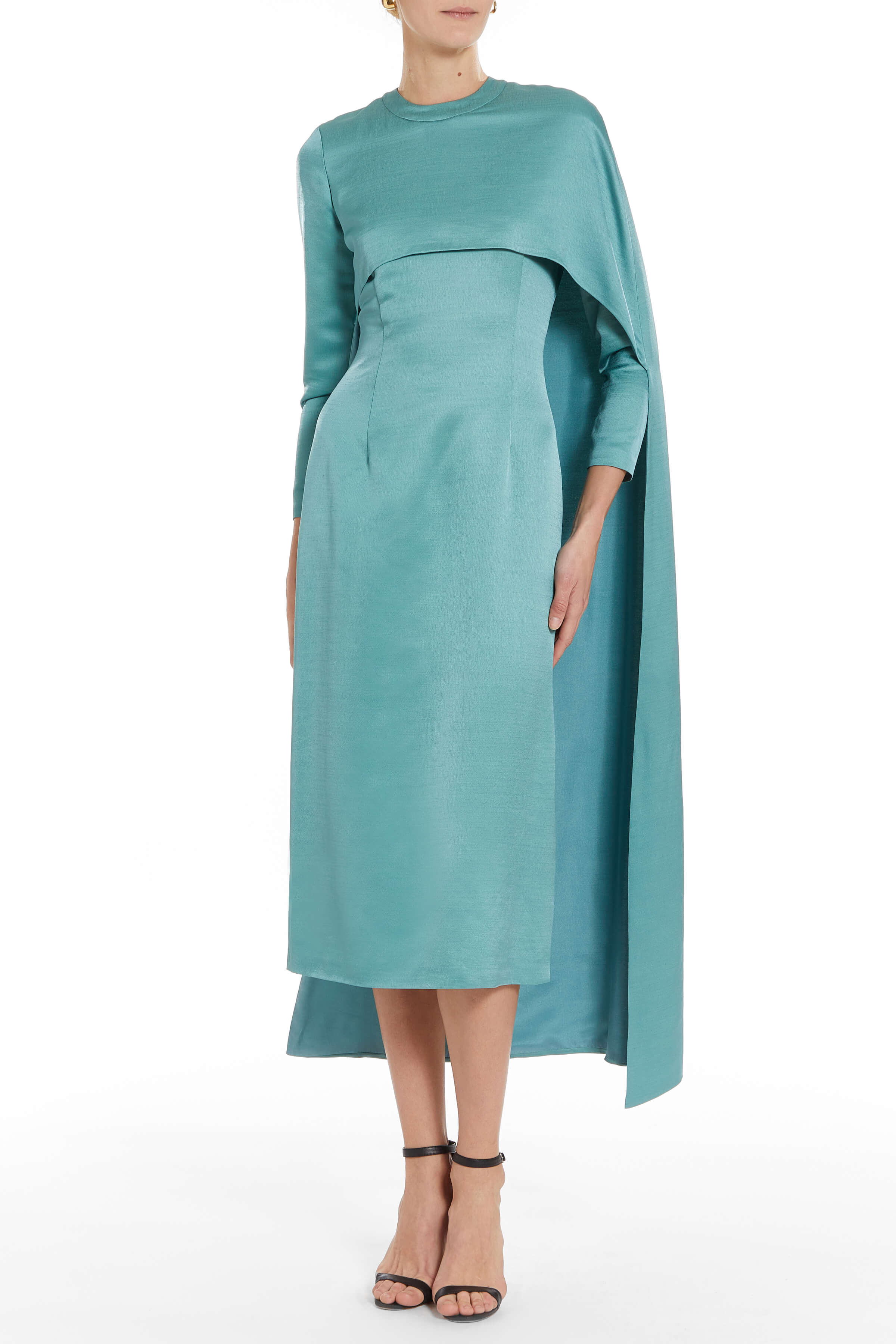 Felice Teal Asymmetric Long Sleeve Cape Midi Dress