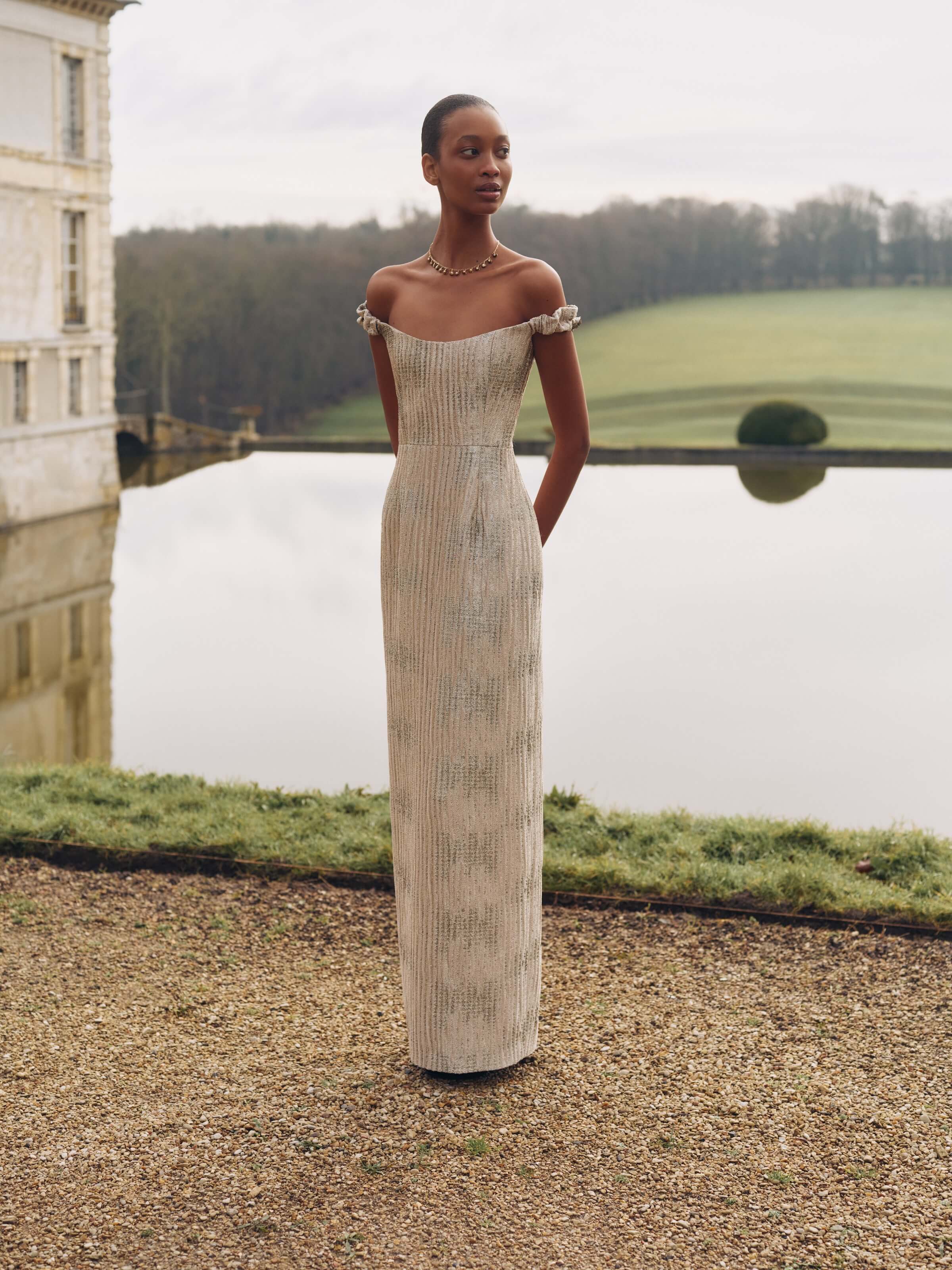 Yolanda Wavy Gold Brocade Gown