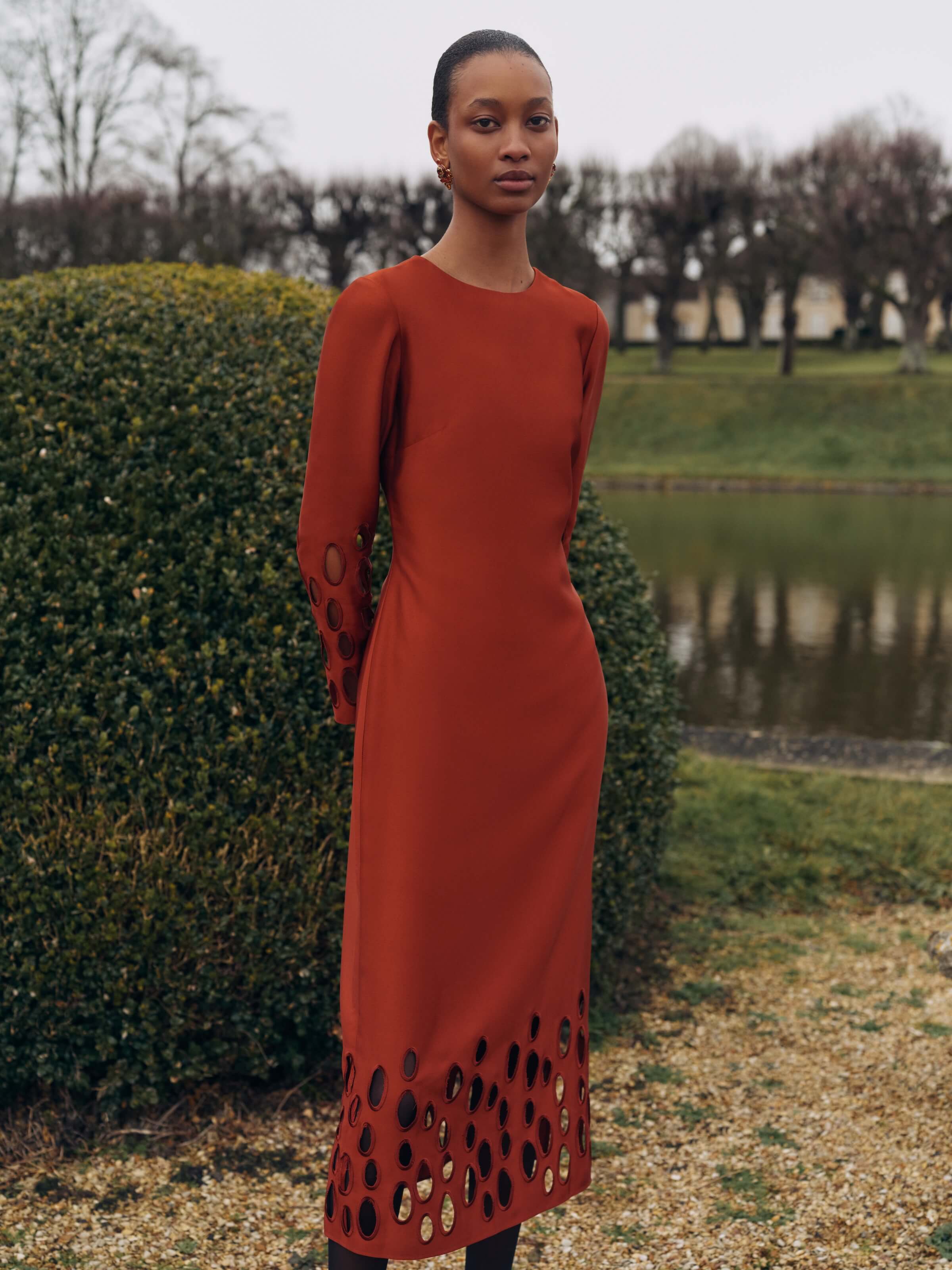 Arizona Perforated Hem Satin Dress