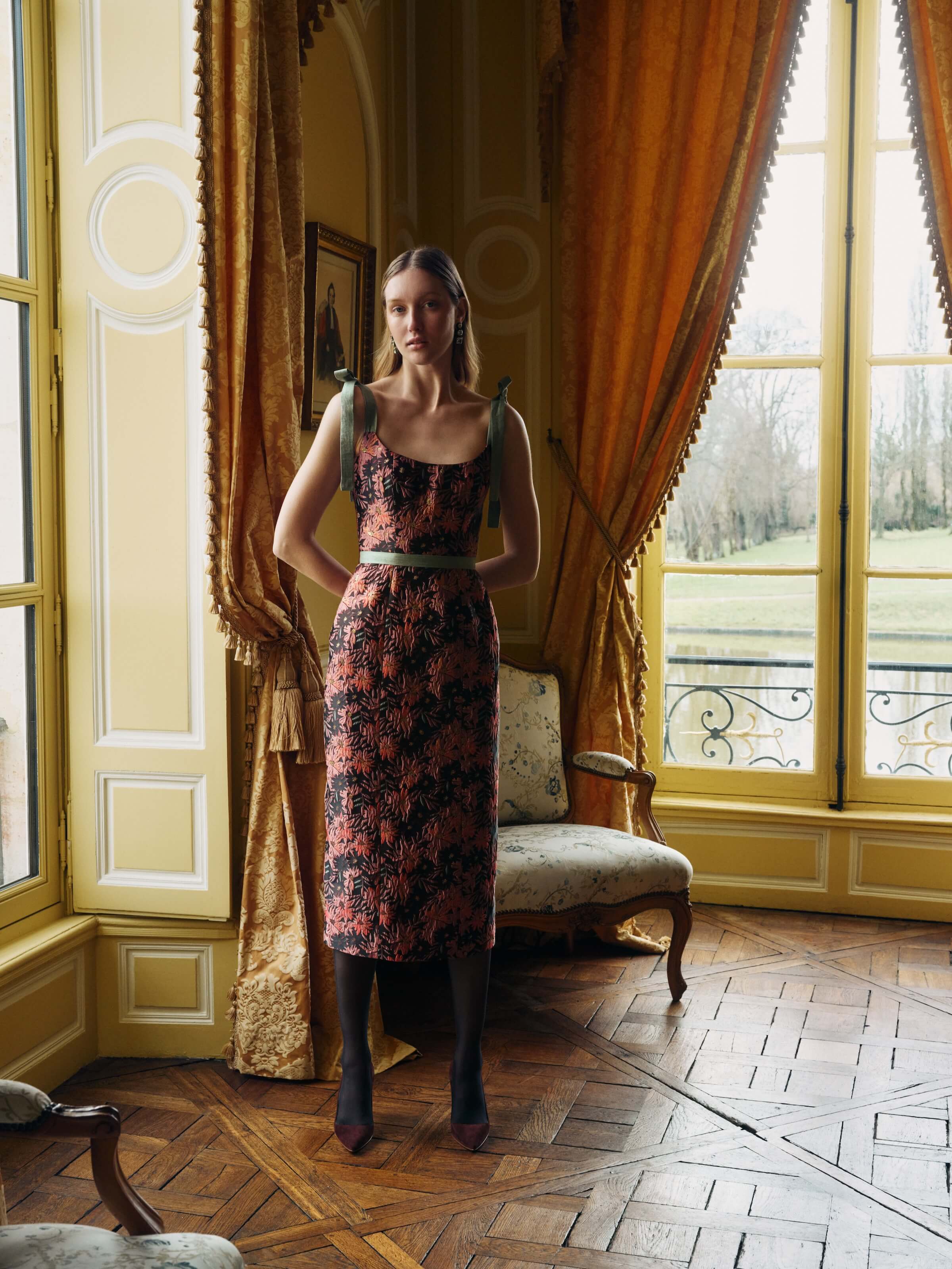 Acacia Burgundy Floral Brocade Corset Dress