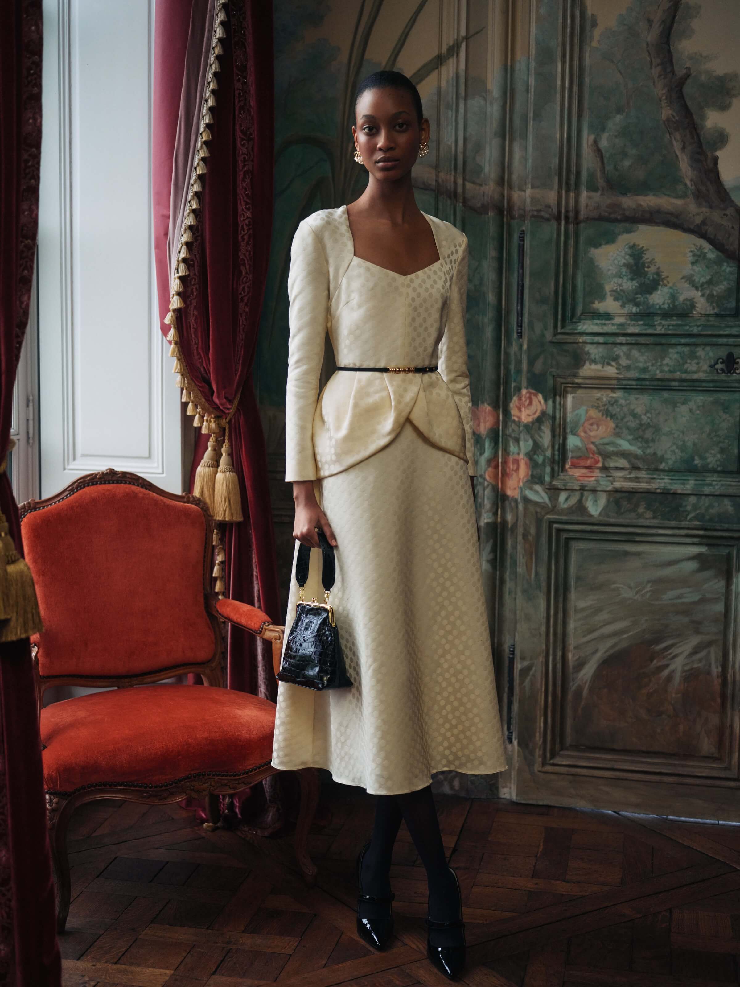 Katherine Ivory Dot Jacquard Midi Dress
