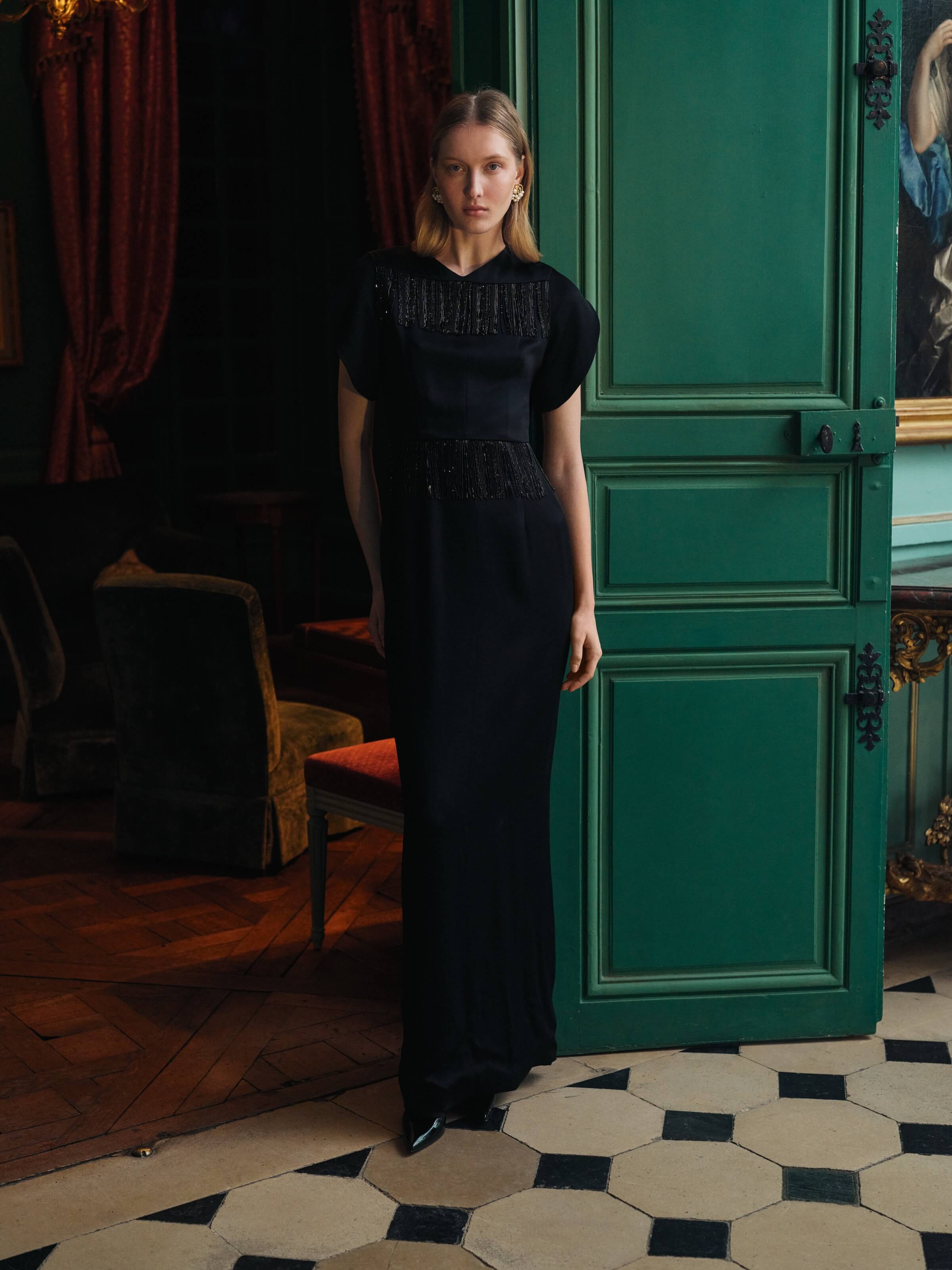 Carmela Crepe Fringe Detail Gown