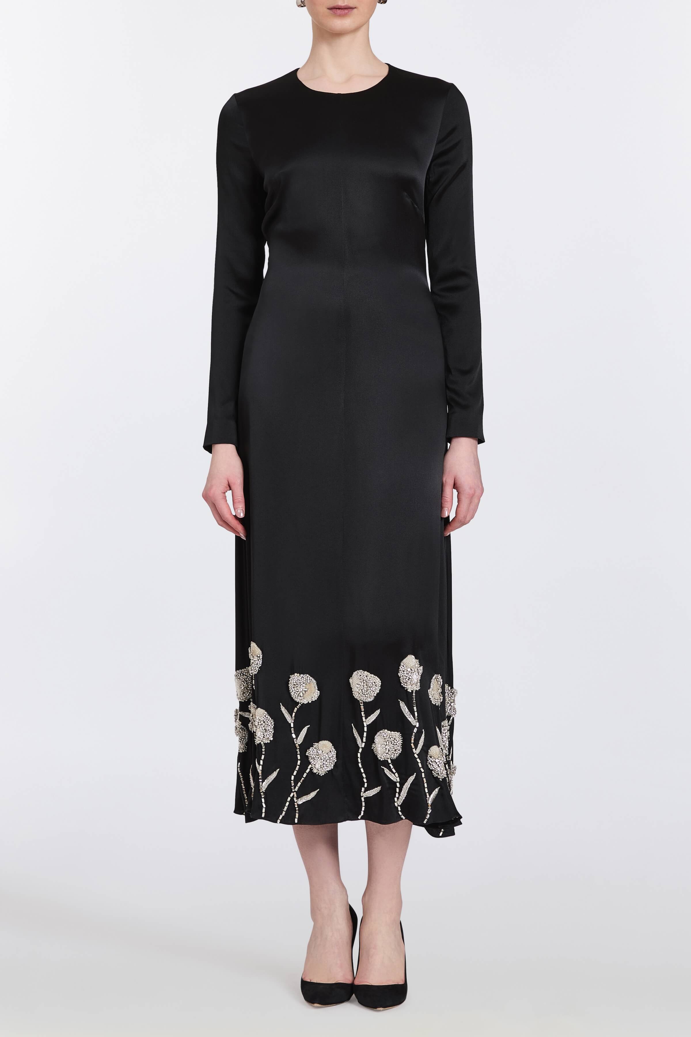 Elsie Black Handbeaded Hem Midi Dress