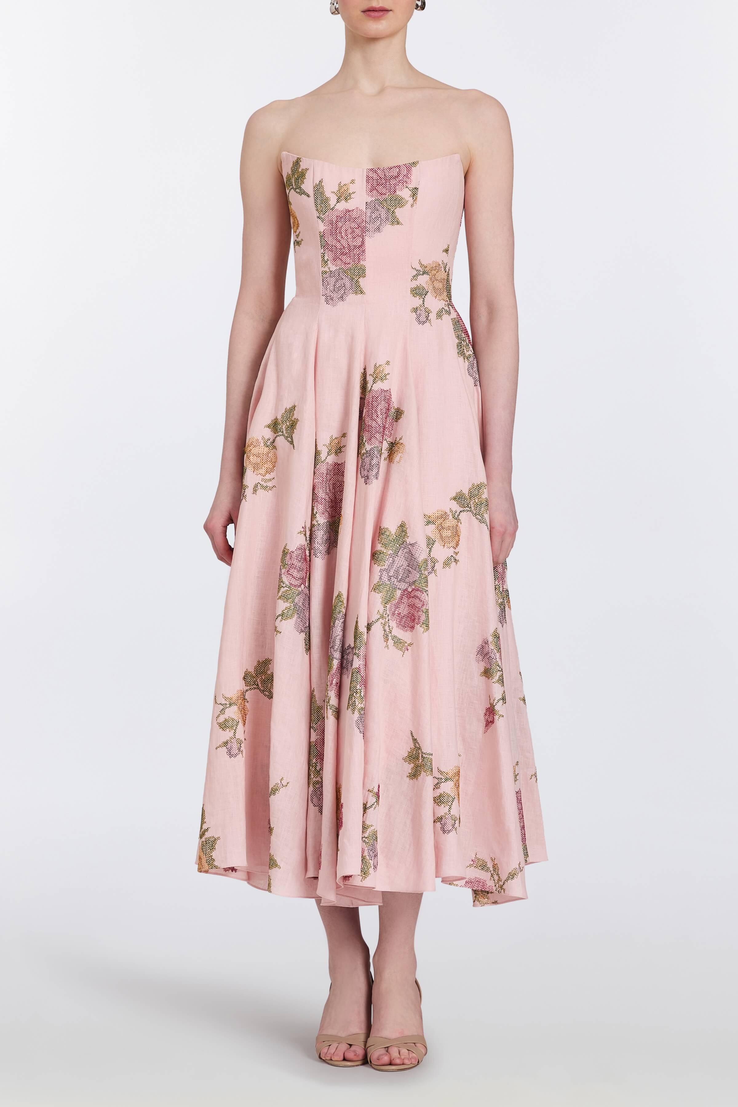 Rousseau Cross Stitch Linen Strapless Midi Dress