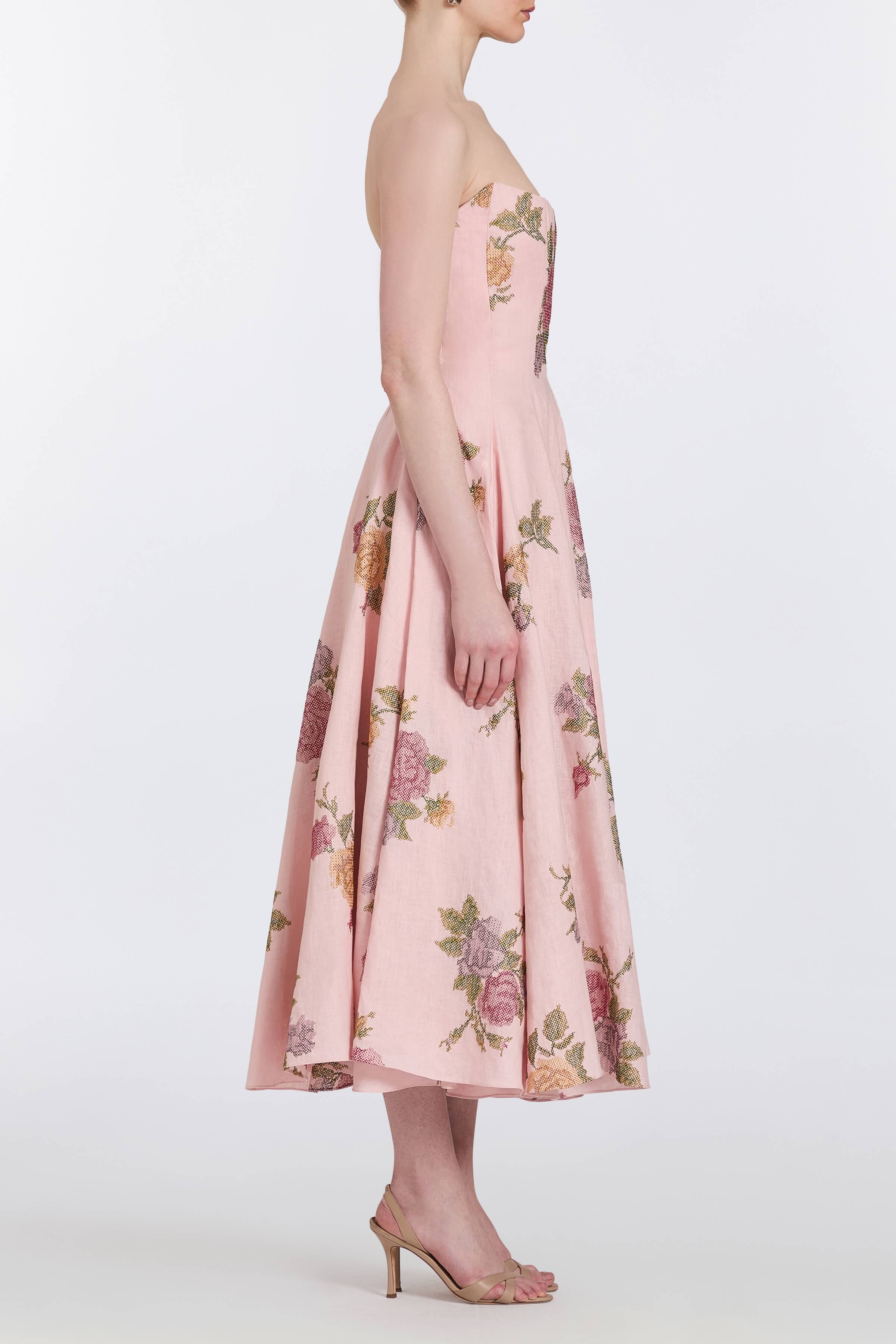 Rousseau Cross Stitch Linen Strapless Midi Dress
