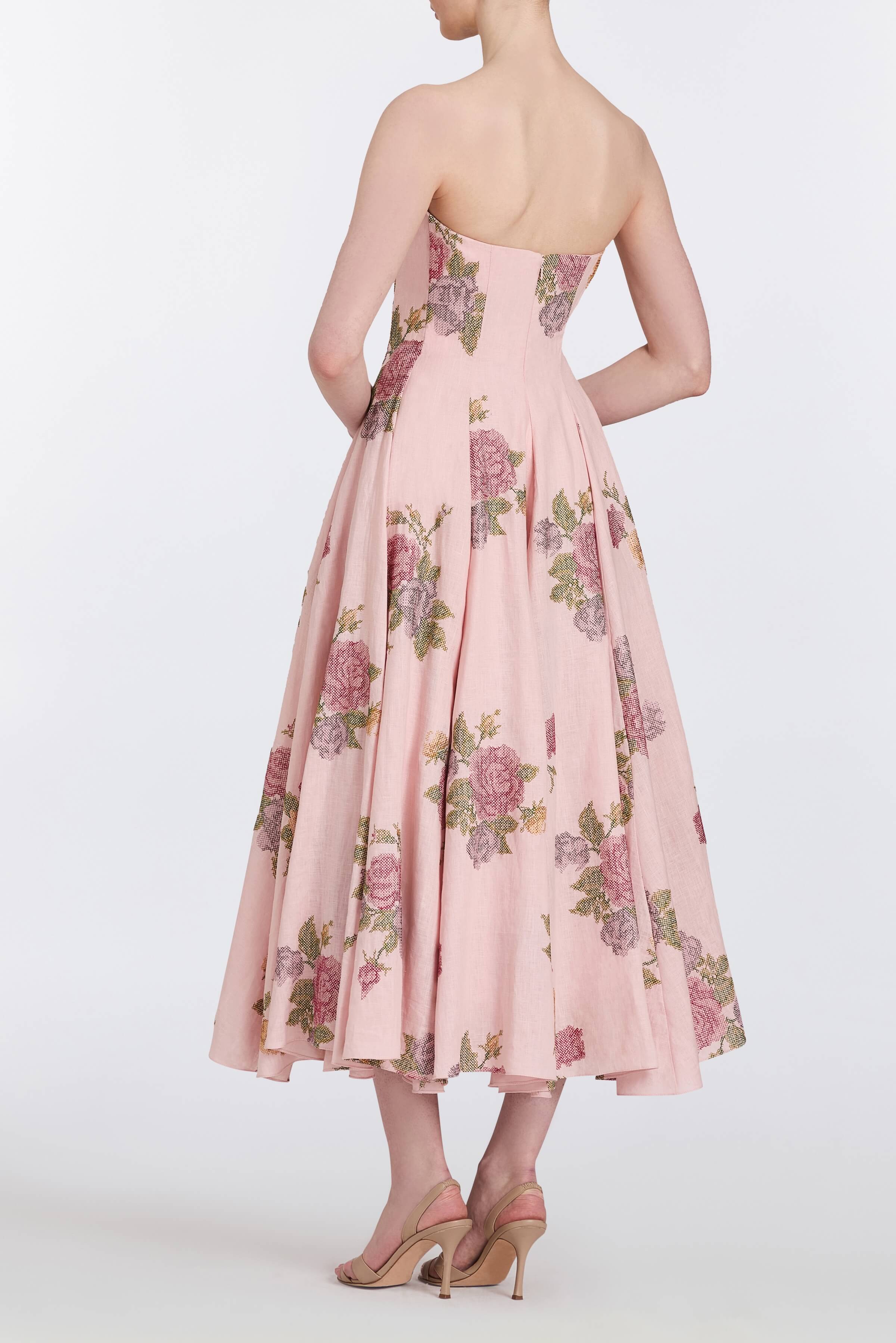Rousseau Cross Stitch Linen Strapless Midi Dress