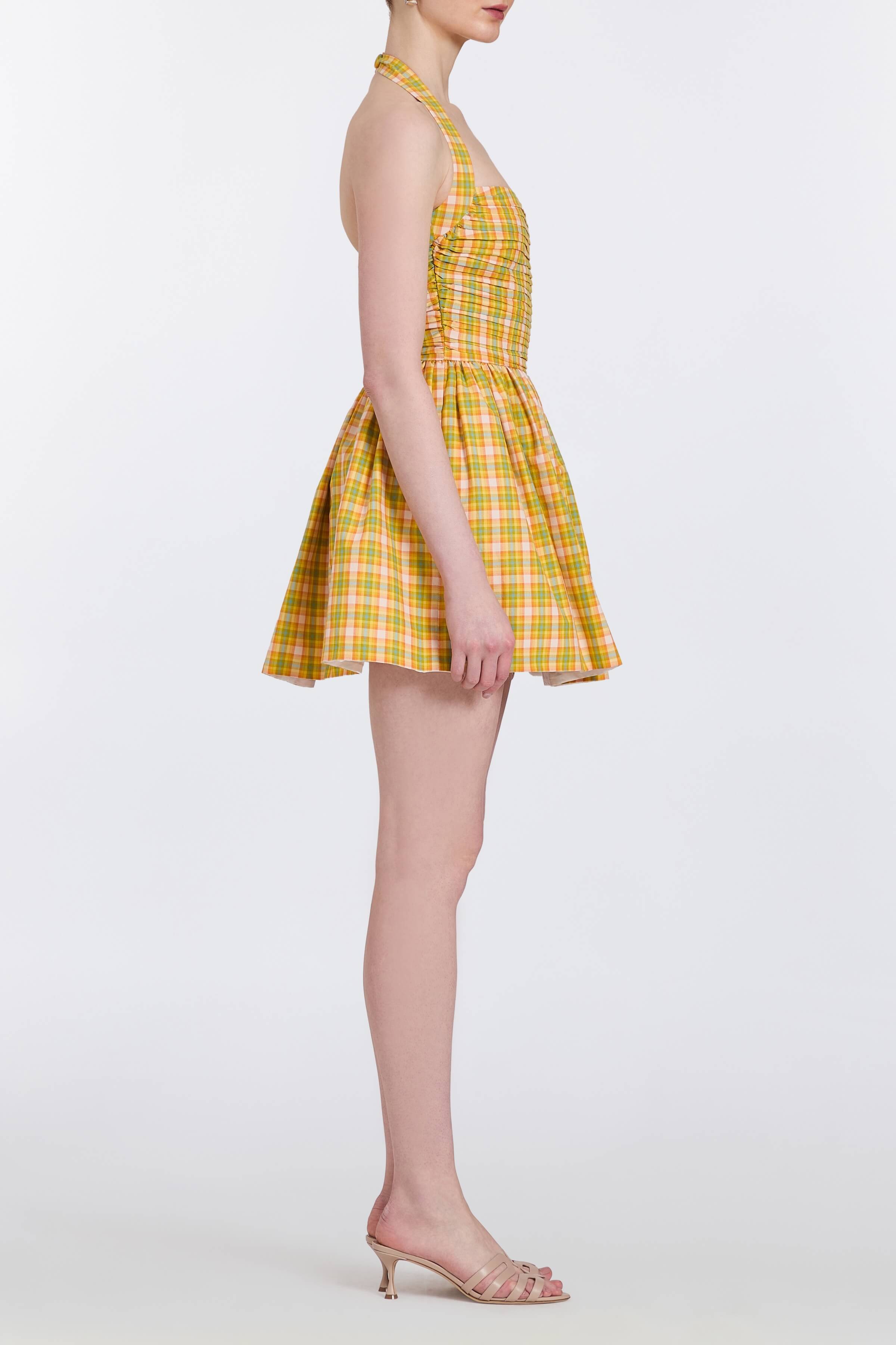 Briar Saffron Plaid Cotton Ruched Bodice Mini Dress