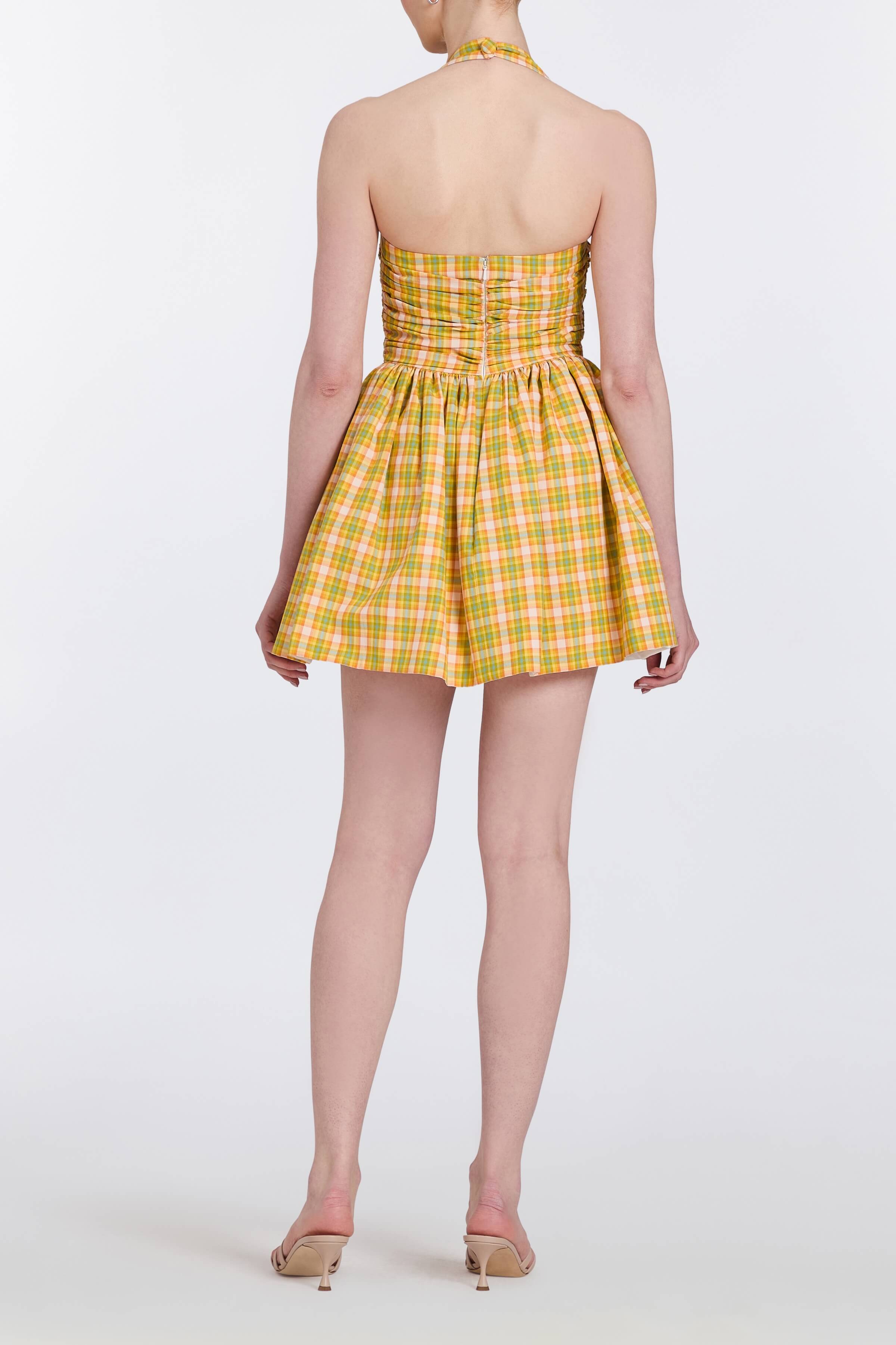 Briar Saffron Plaid Cotton Ruched Bodice Mini Dress