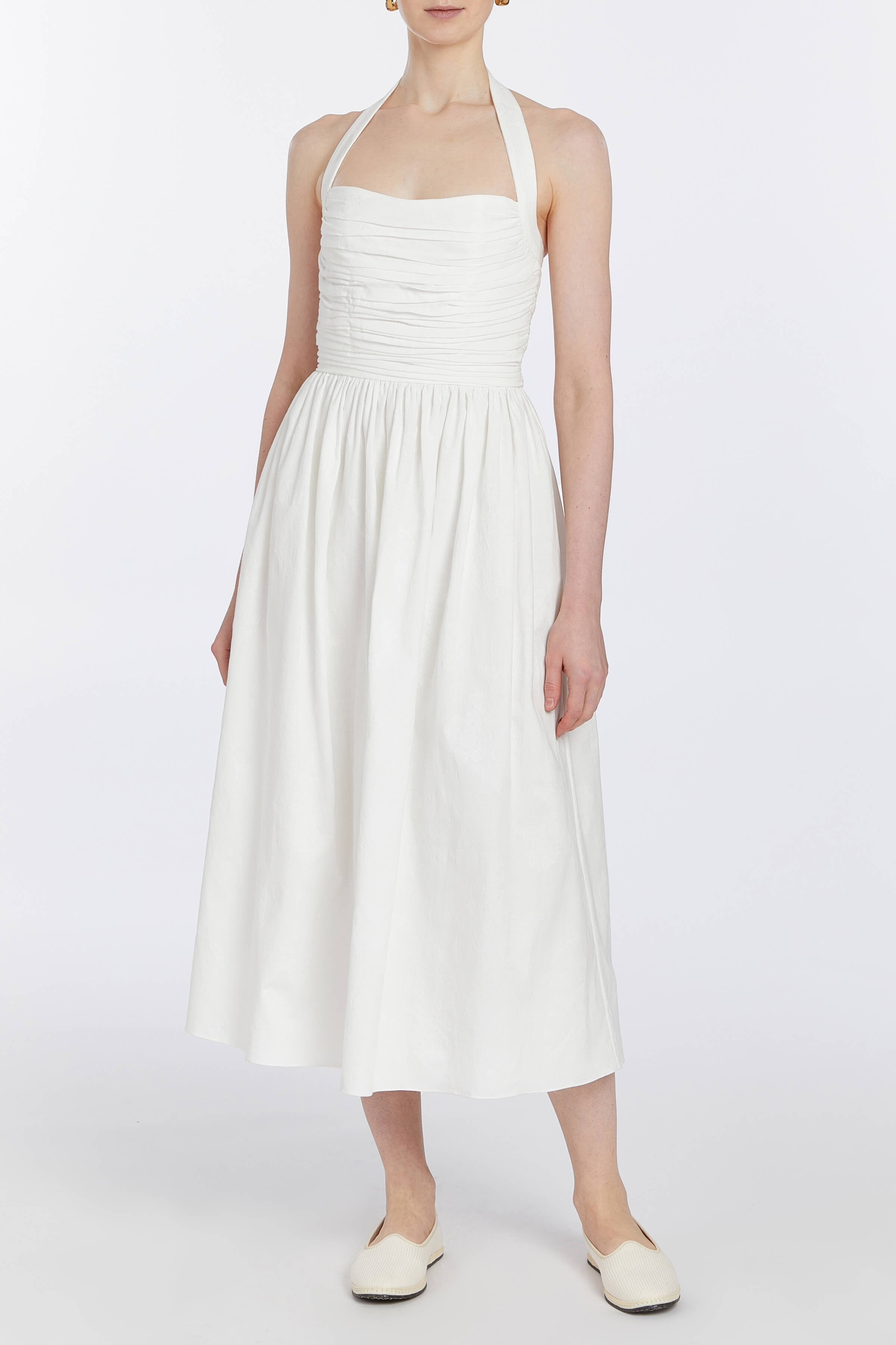 Leia Off-White Ruched Halter Midi Dress