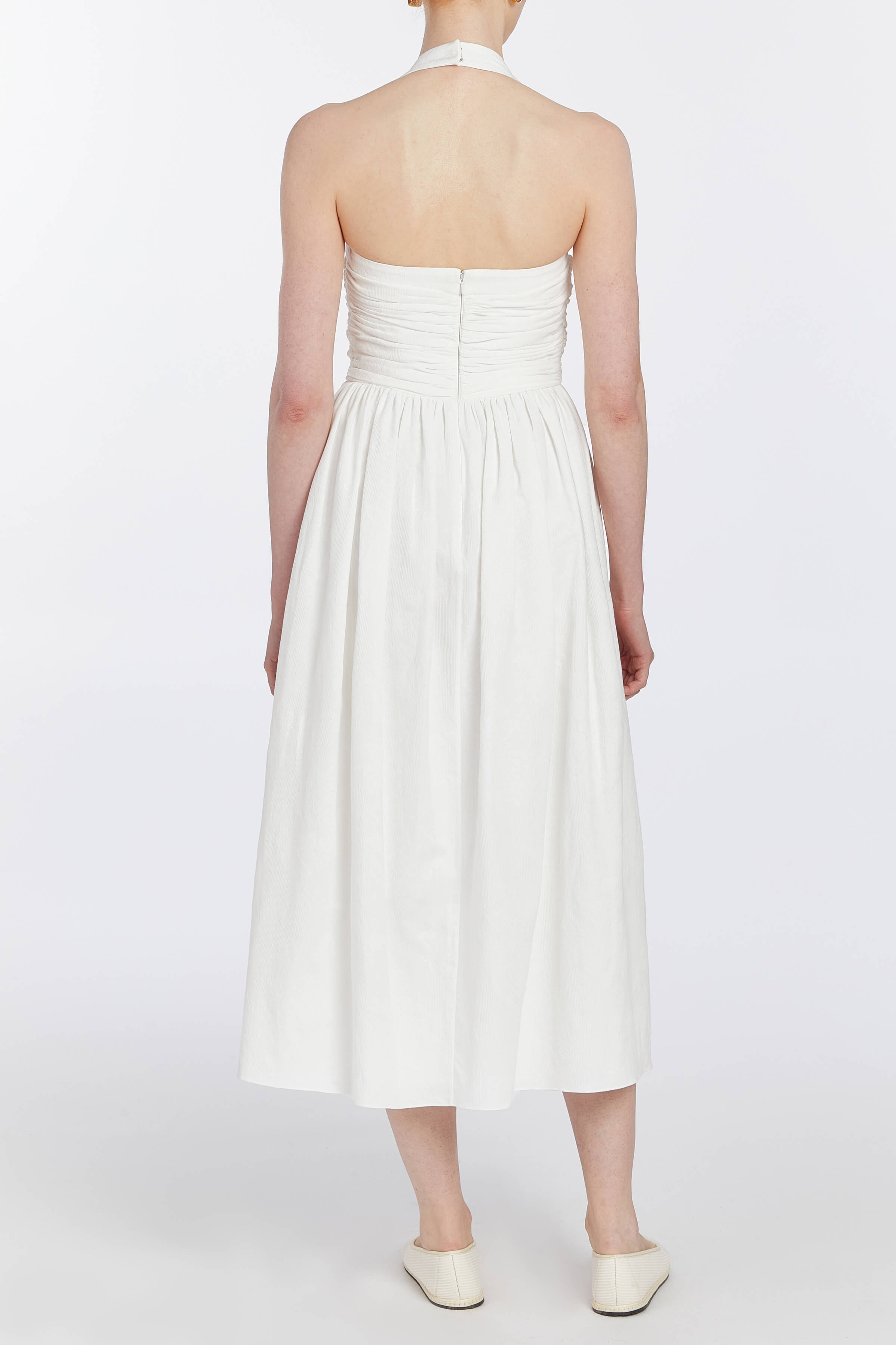 Leia Off-White Ruched Halter Midi Dress